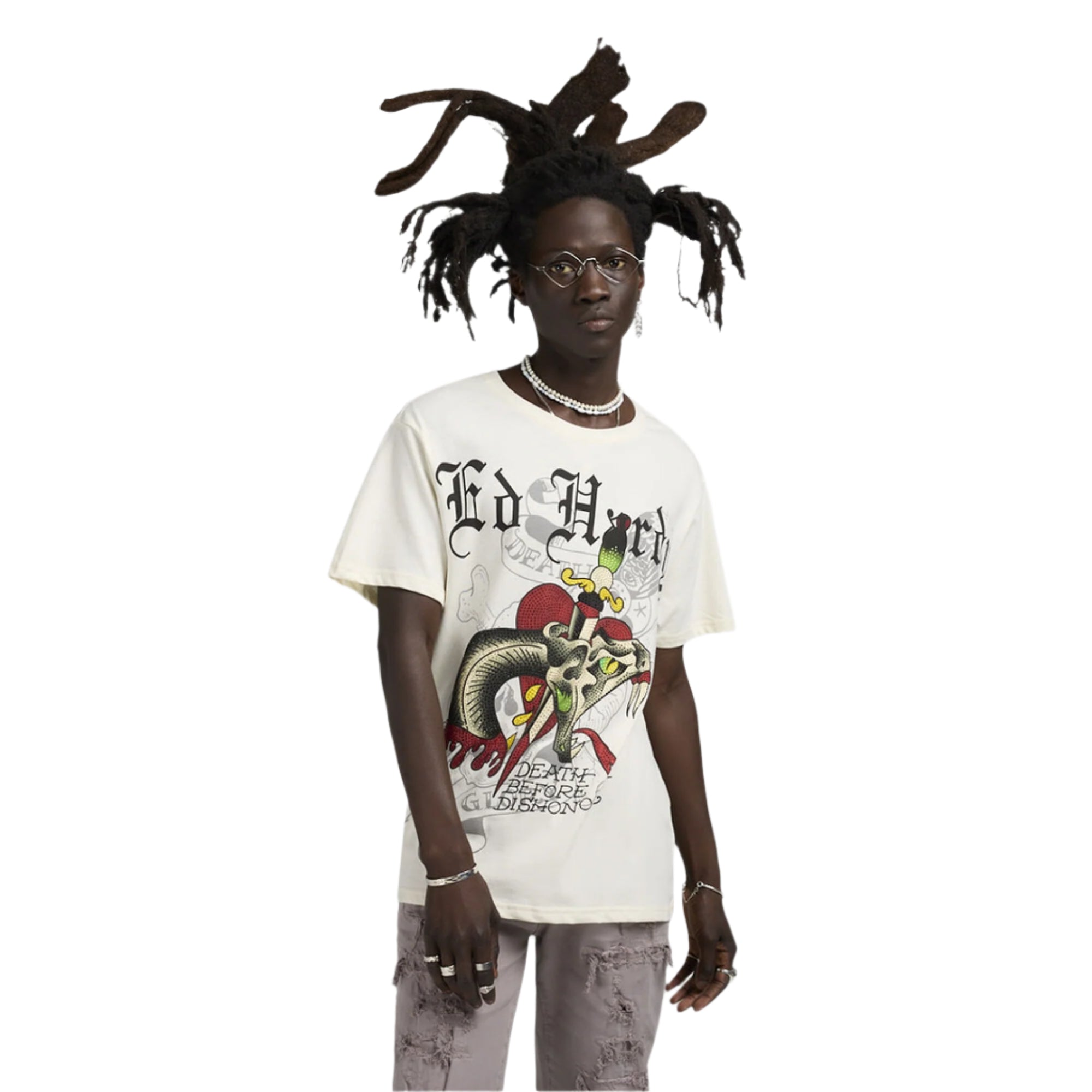 Ed Hardy Men Dagger Snake with Rhinestones SS Tee (Ivory)