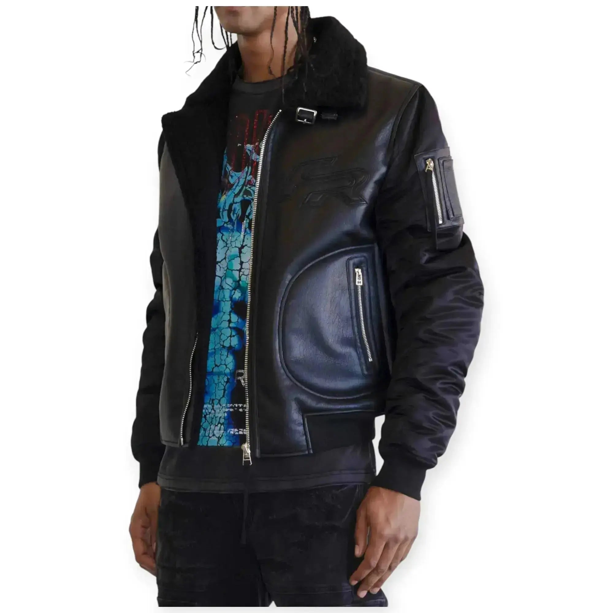 First Row Men Mustang MA-1 Varsity Bomber Jacket With Faux Fur (Black)