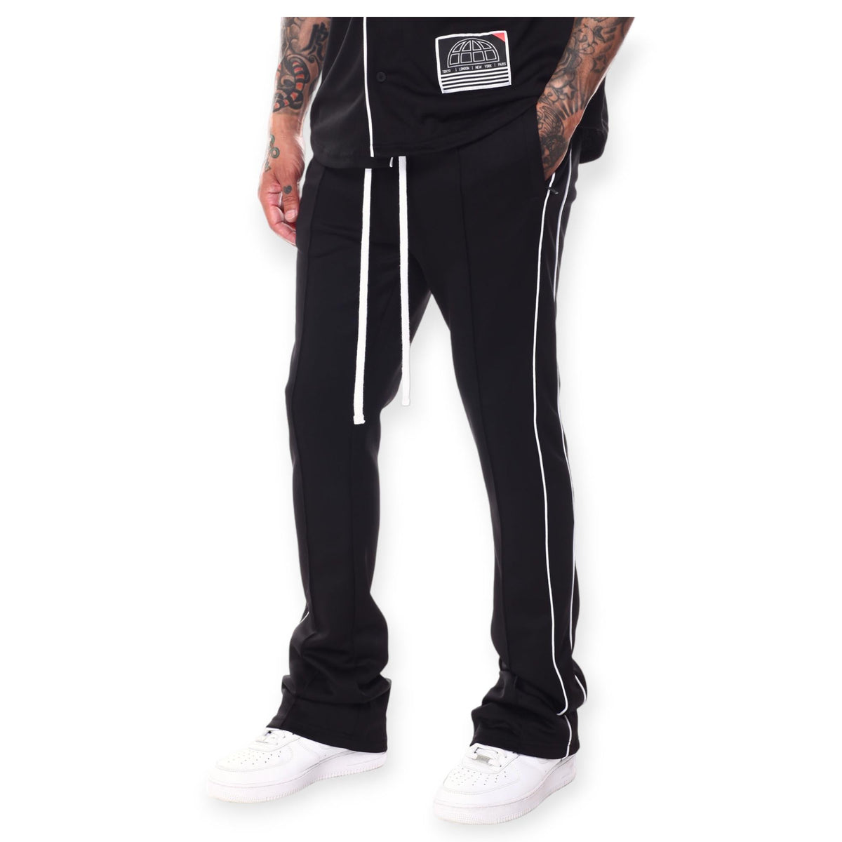 Men's black track cheap pants with white stripe