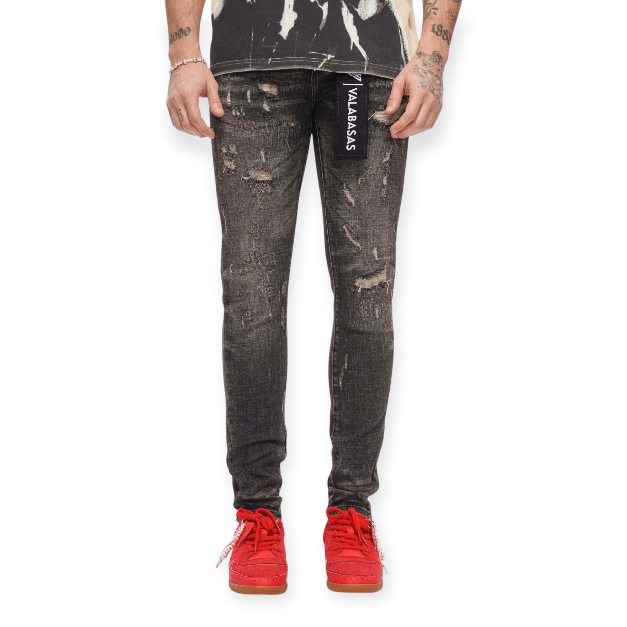 Valabasas Men Collage Skinny Denim Jeans Grey Vintage