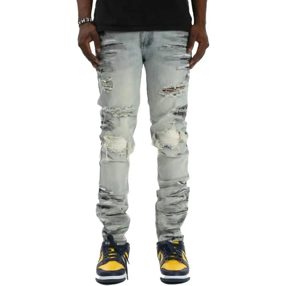 KDNK Men Smocked PU Jeans With Multi-Paint Splatter (Blue)