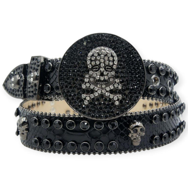 DNA Premium wear Men Black Leather Black Stone Skull Belt (Black)-Black-Small-Nexus Clothing