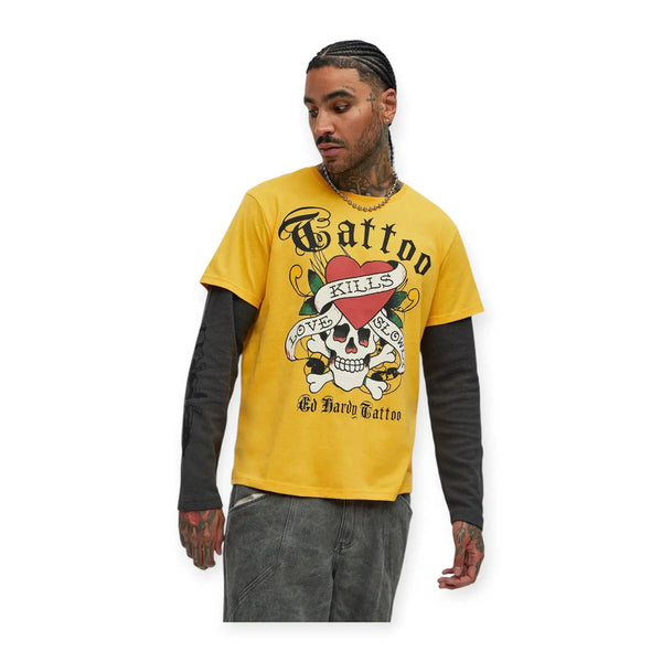 Ed Hardy Men LKS Skull Hang Down Thermal Tee (Marigold)