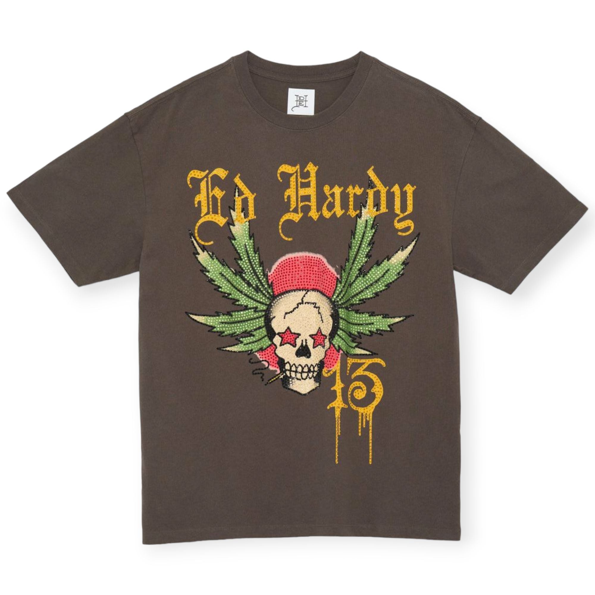 Ed Hardy Men Limited Edition Rhinestone Weed Skull T-Shirt (Charcoal)-Charcoal-XX-Large-Nexus Clothing