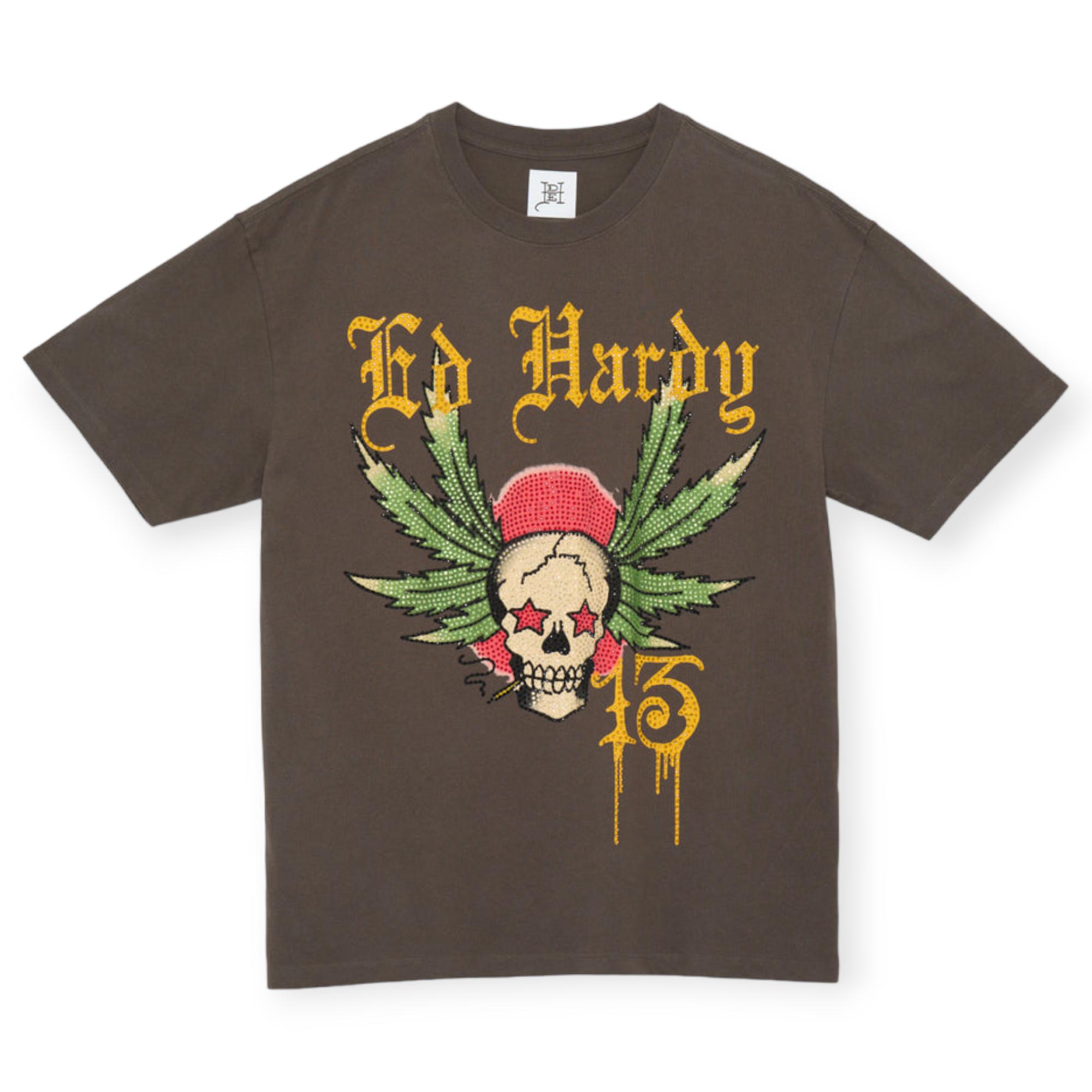 Ed Hardy Men Limited Edition Rhinestone Weed Skull Tee (Charcoal)-Charcoal-Small-Nexus Clothing