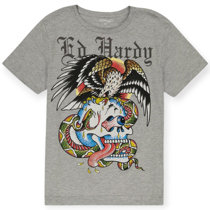 Ed Hardy Men Rhinestone Battle Tee(Heather Grey)-Heather Grey-Small-Nexus Clothing