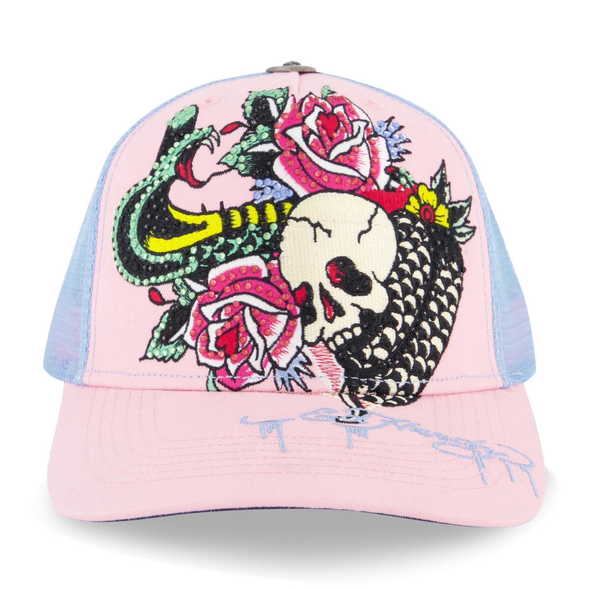 Ed Hardy Men Rhinestone Cobra Trucker Hat(Pink Sky)-Pink Sky-OneSize-Nexus Clothing