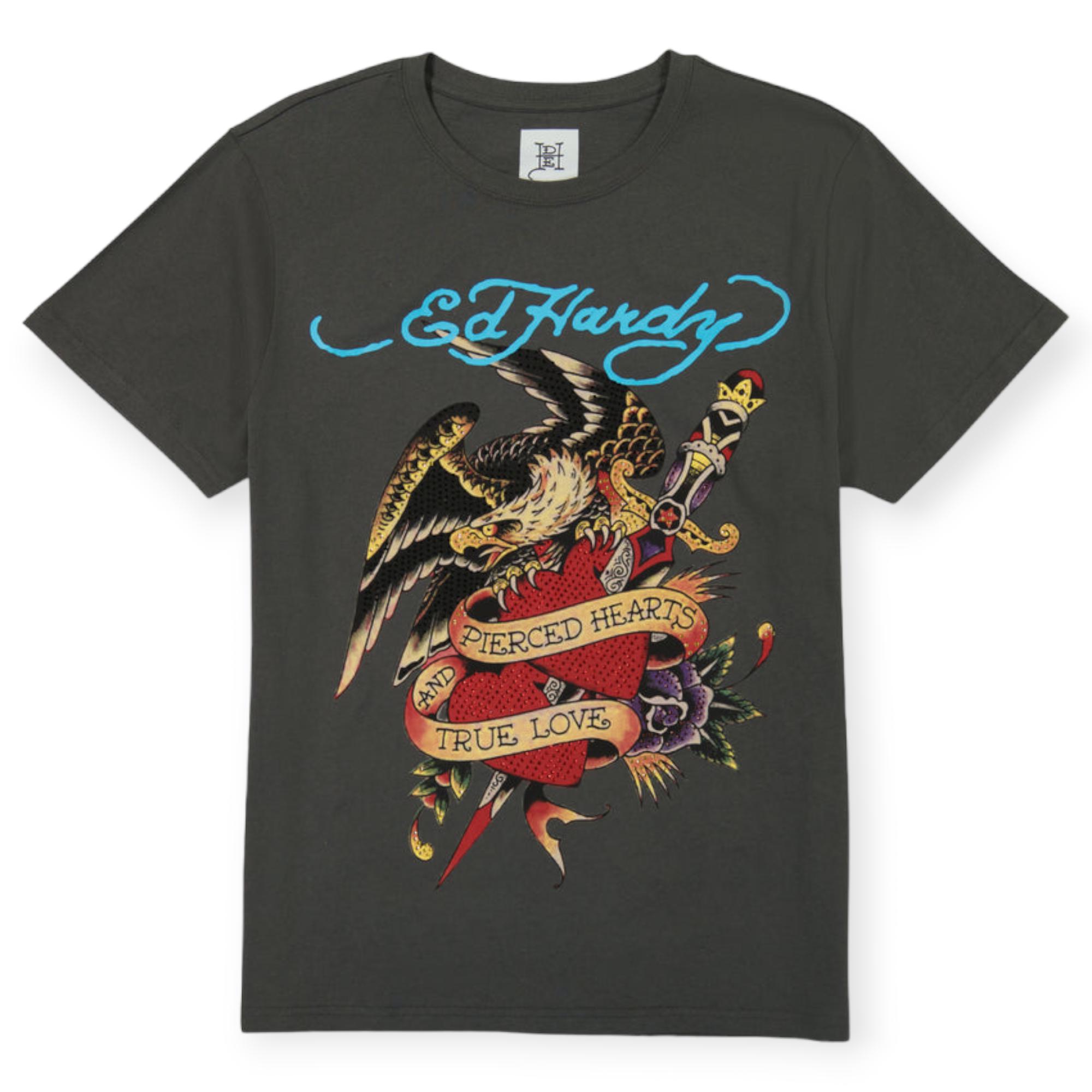 Ed Hardy Men Rhinestone Eagle Dagger Tee(Charcoal)-Charcoal-Small-Nexus Clothing