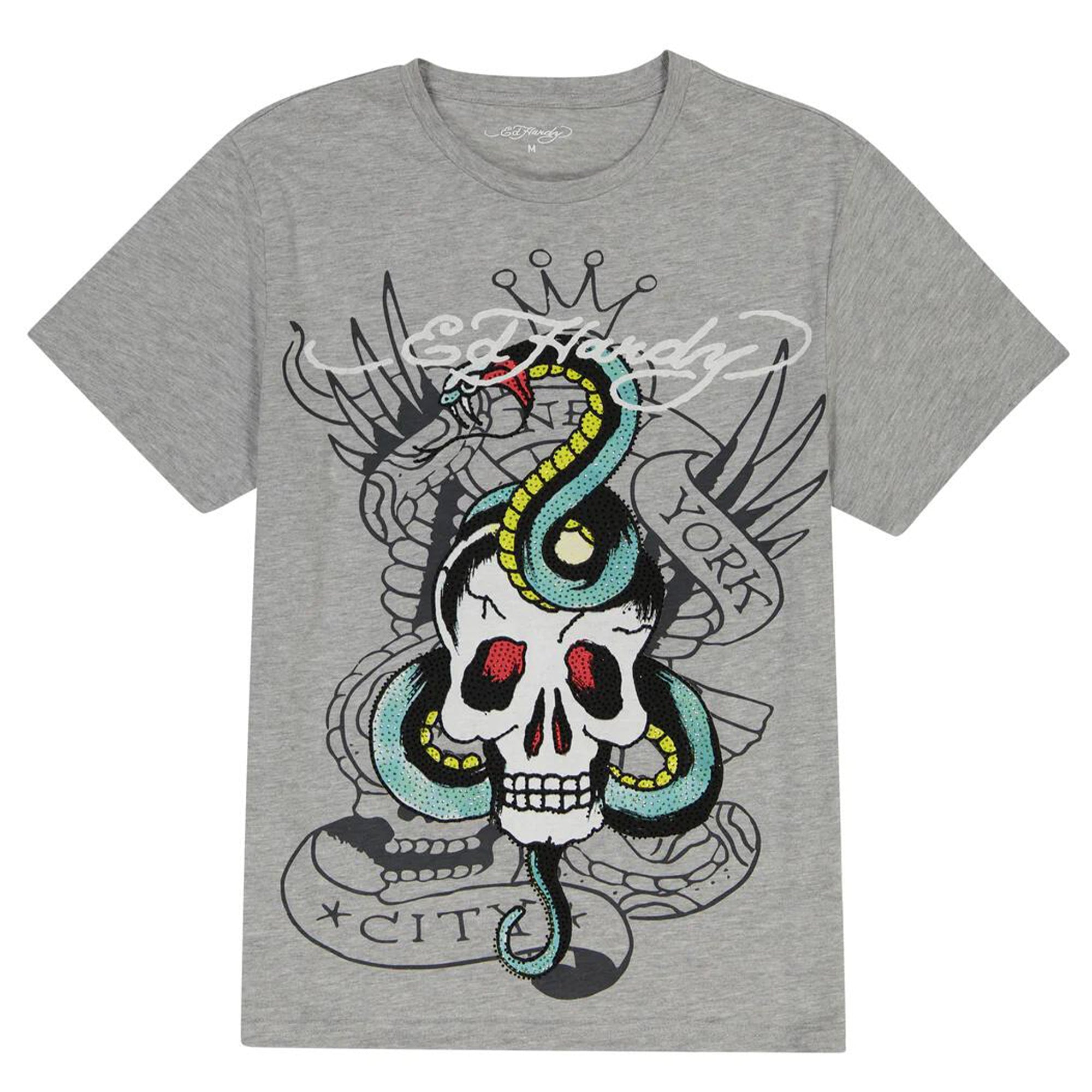 Ed Hardy Men Skull Snake SS Rhinestone Tee (Heather Grey)-Heather Grey-Small-Nexus Clothing