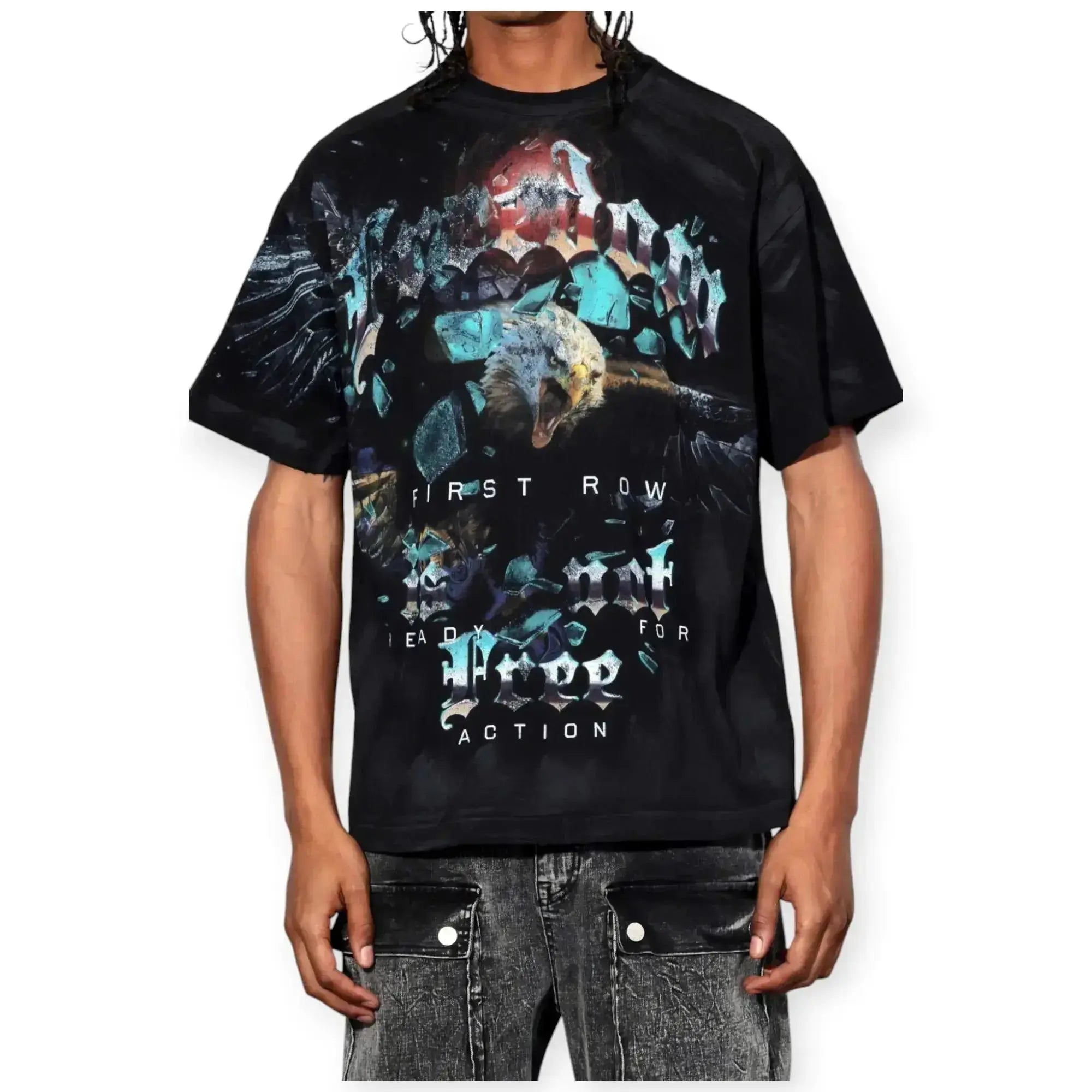 First Row Men Freedom Is Not Free Washed With Rhinestone Tee (Black)-Black-Small-Nexus Clothing