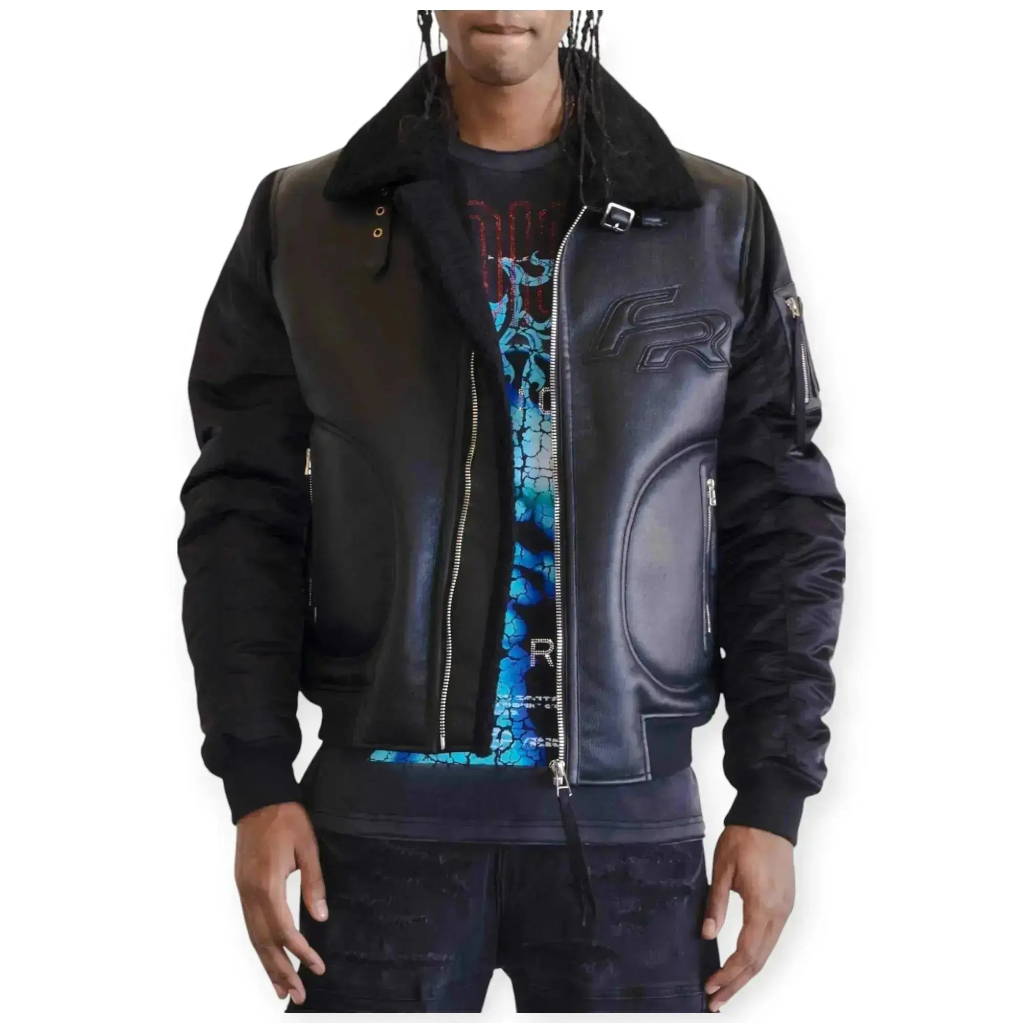 First Row Men Mustang MA-1 Varsity Bomber Jacket With Faux Fur (Black)-Nexus Clothing