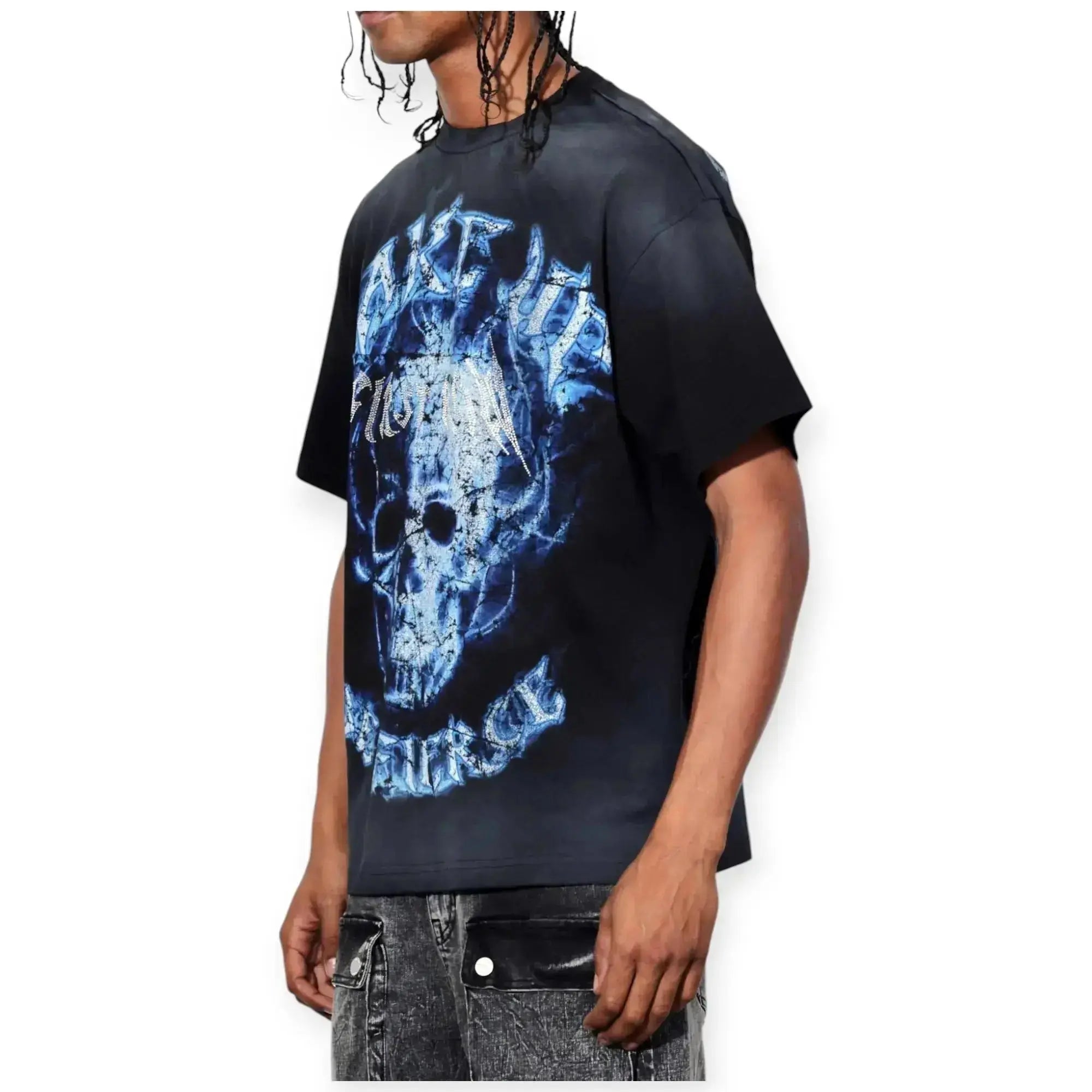 First Row Men Wake Up And Be Fierce Flame Skull Washed With Rhinestone Tee (Black)-Nexus Clothing