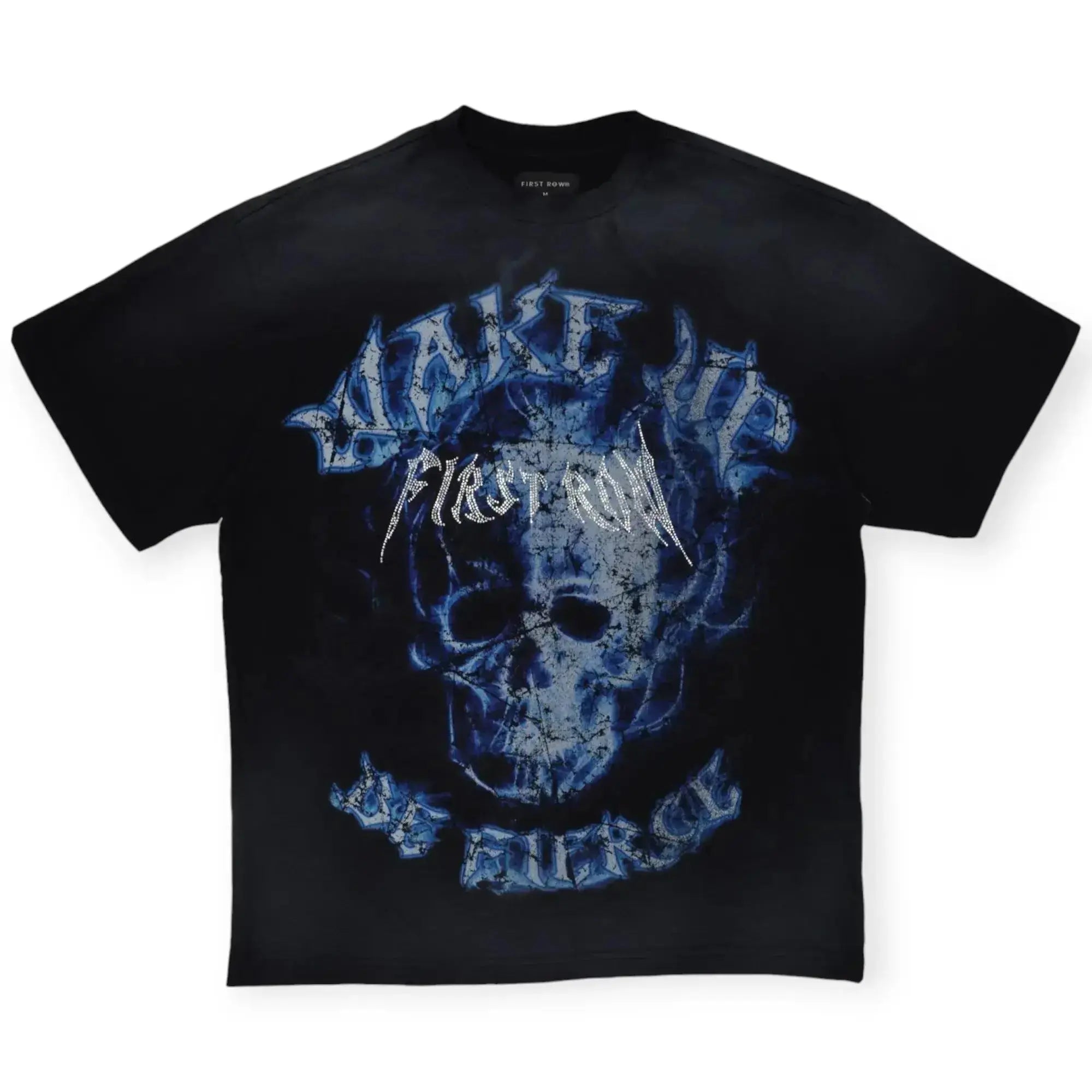 First Row Men Wake Up And Be Fierce Flame Skull Washed With Rhinestone Tee (Black)-Nexus Clothing