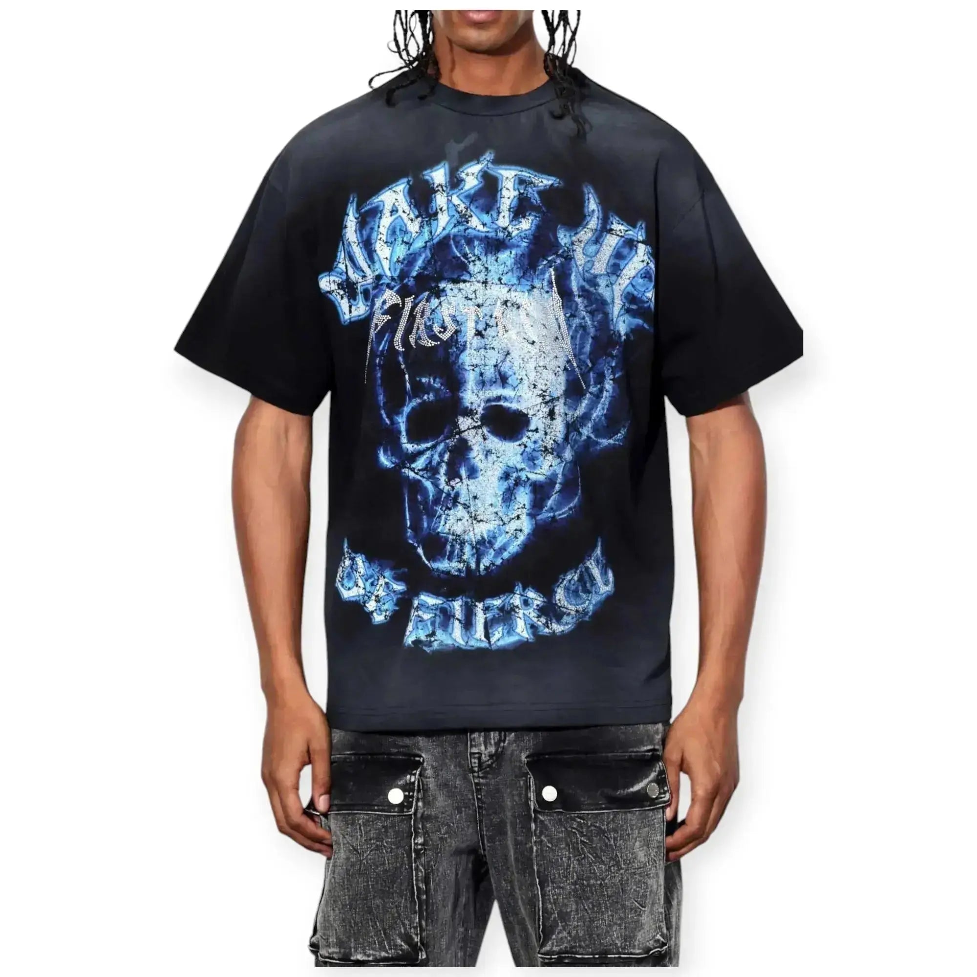 First Row Men Wake Up And Be Fierce Flame Skull Washed With Rhinestone Tee (Black)-Black-Small-Nexus Clothing