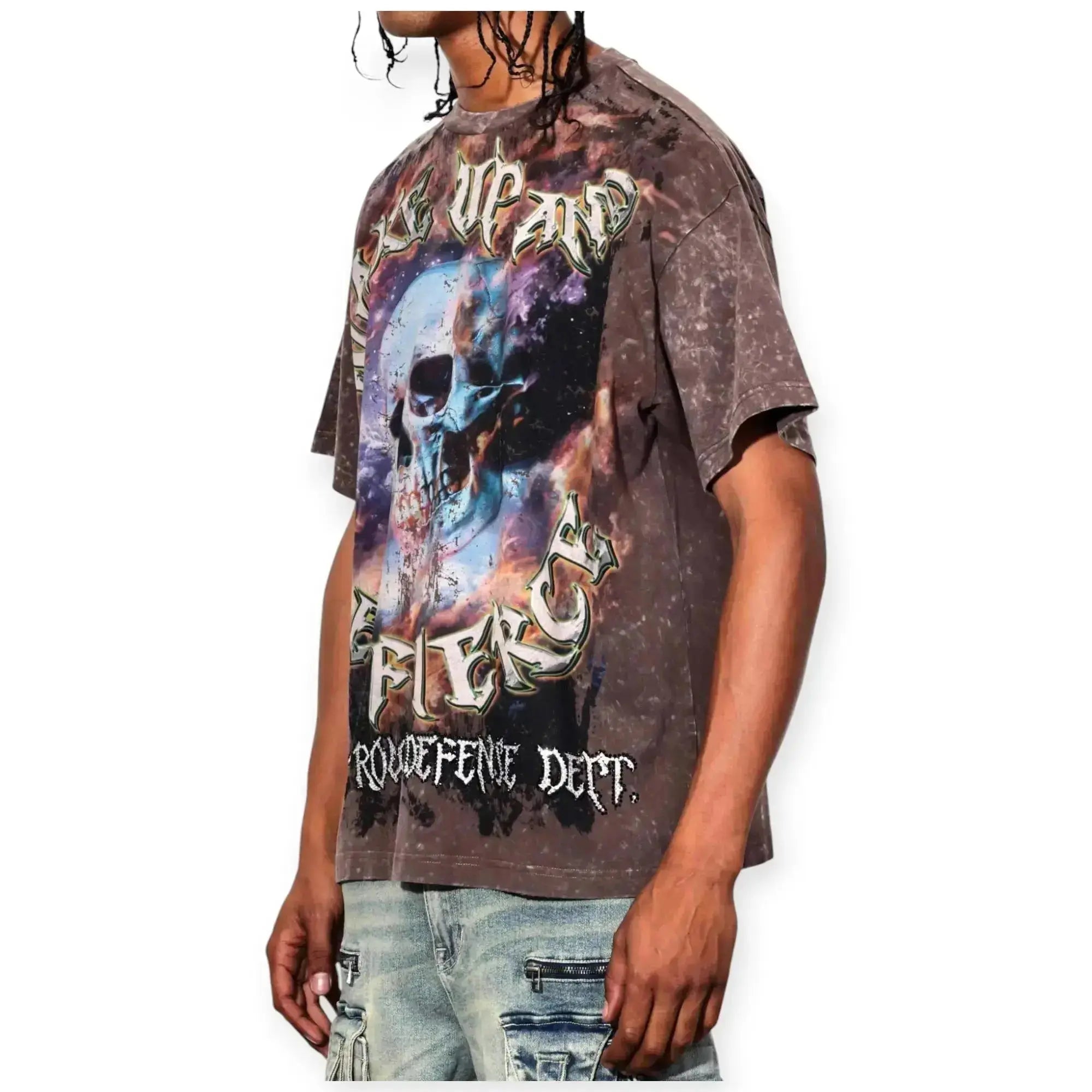 First Row Men Wake Up And Be Fierce Skull Spirit Washed With Rhinestone Tee (Caffe)-Nexus Clothing