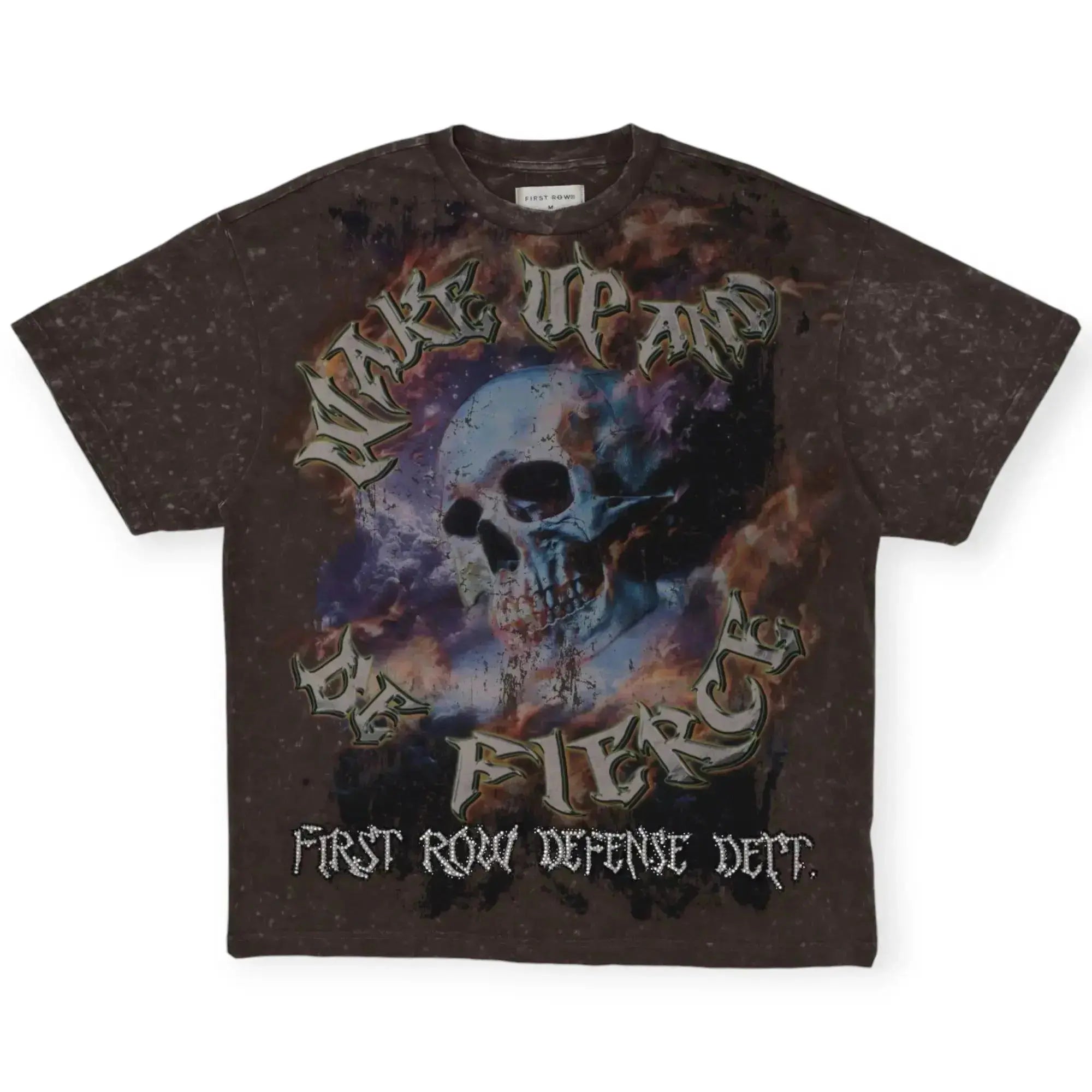 First Row Men Wake Up And Be Fierce Skull Spirit Washed With Rhinestone Tee (Caffe)-Nexus Clothing