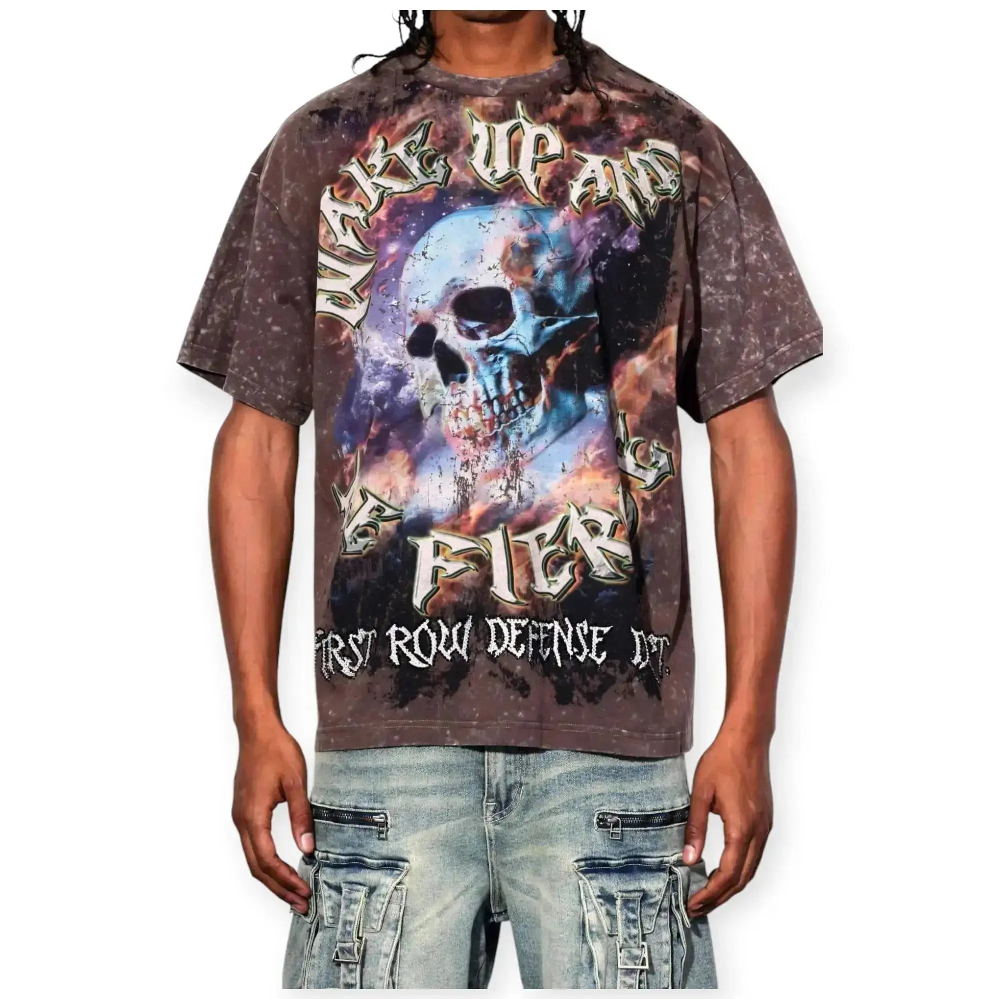 First Row Men Wake Up And Be Fierce Skull Spirit Washed With Rhinestone Tee (Caffe)-Caffe-Small-Nexus Clothing