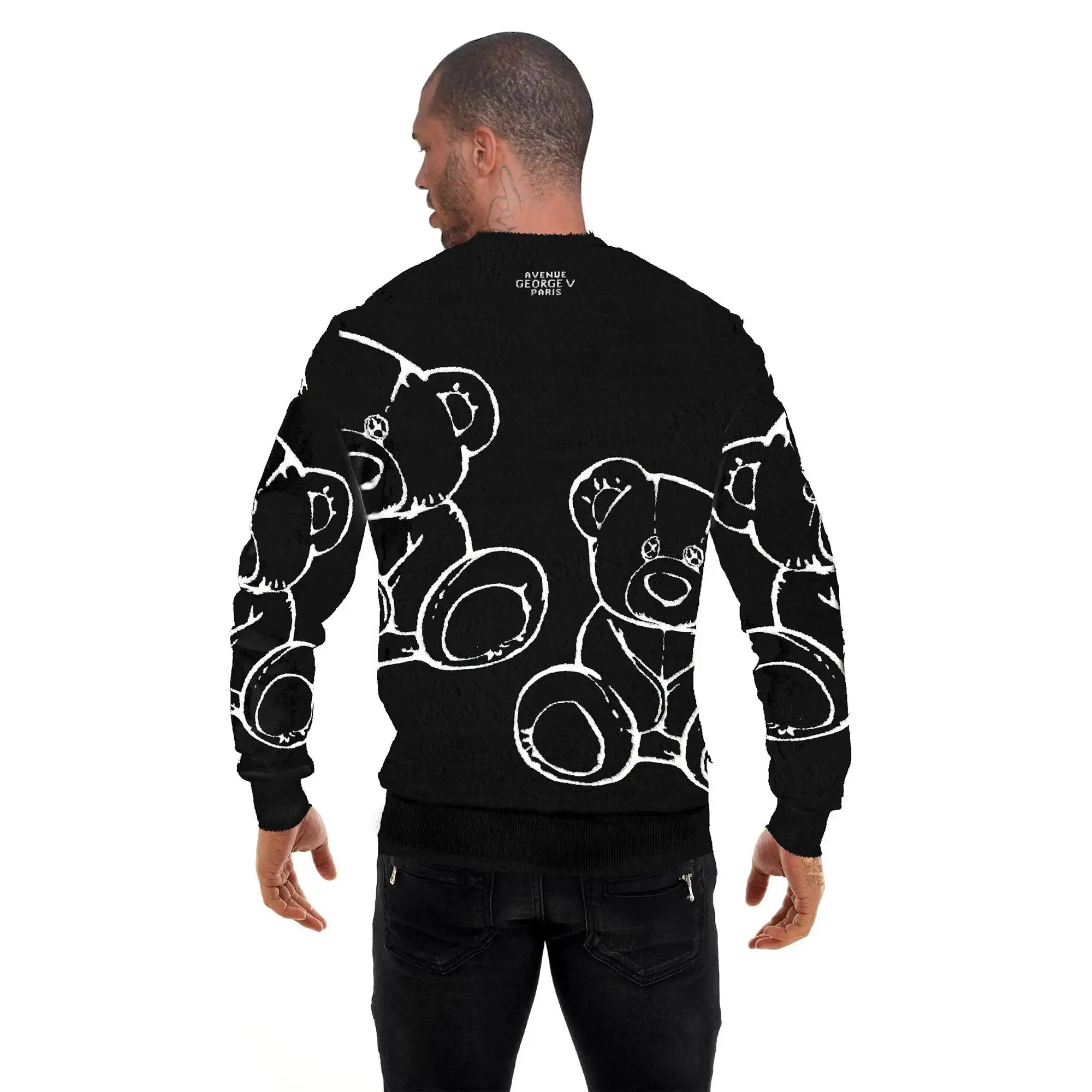 George V Men Crewneck Cotton Knit Sweater with Teddy Bear (Black)-Nexus Clothing