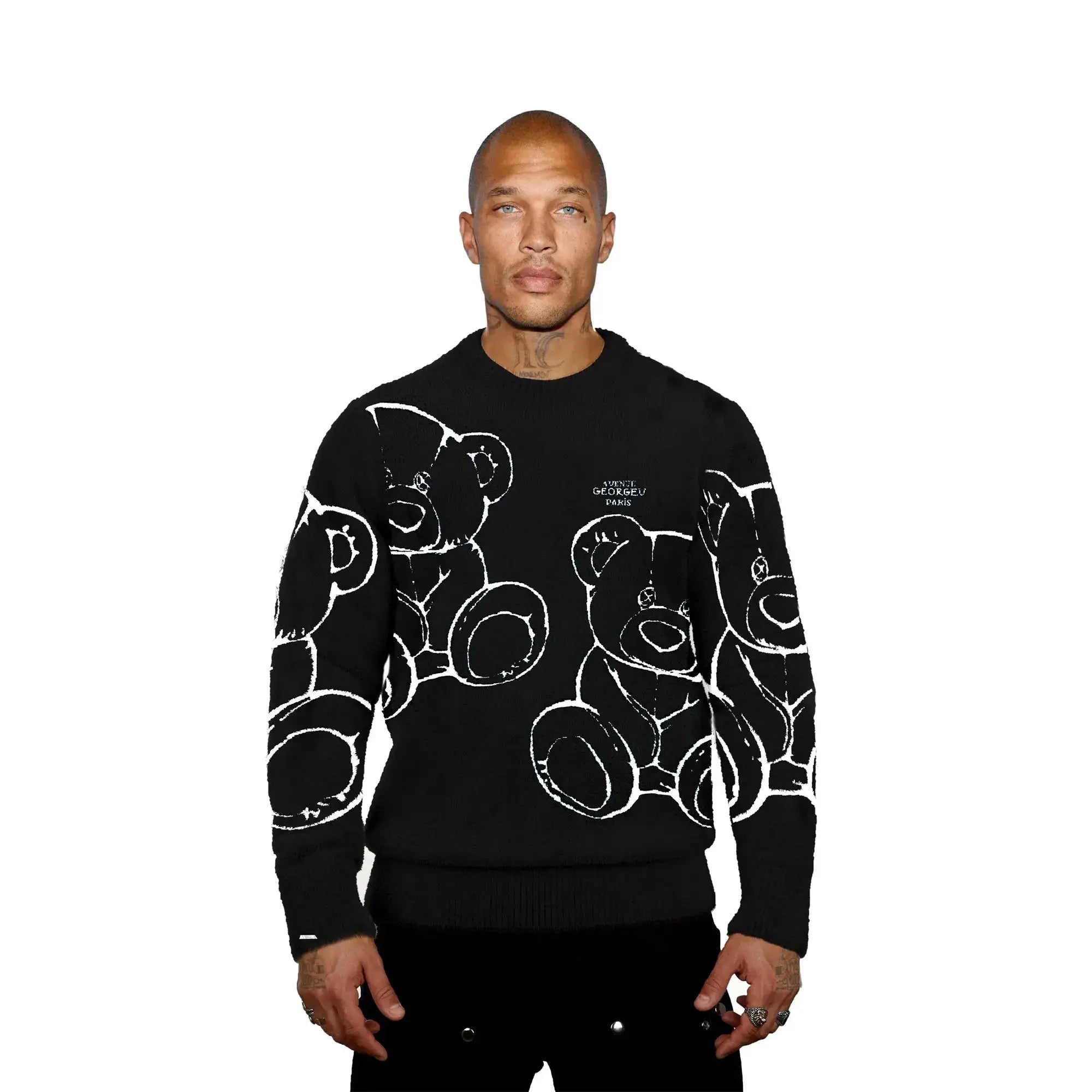 George V Men Crewneck Cotton Knit Sweater with Teddy Bear (Black)-Black-Large-Nexus Clothing