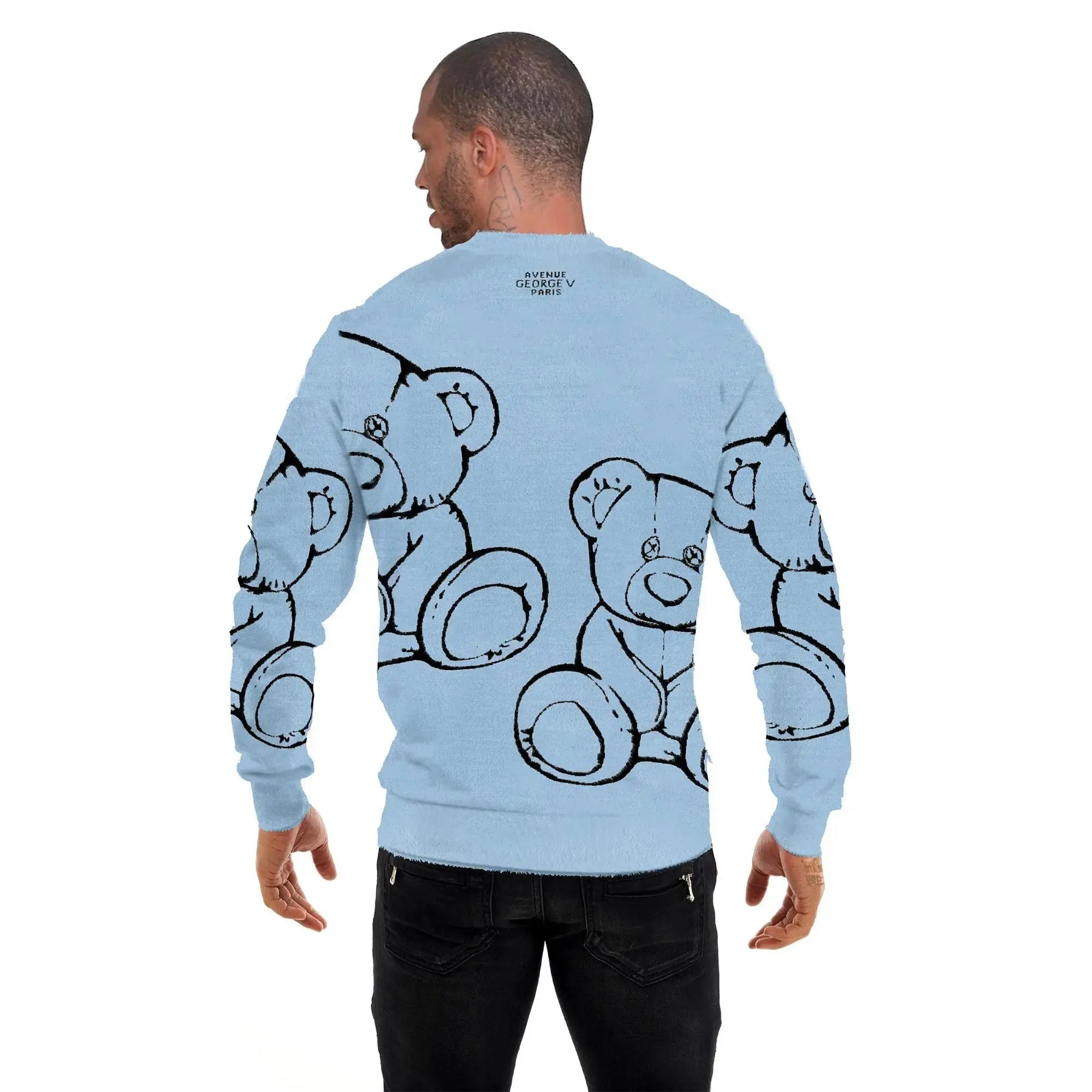 George V Men Crewneck Cotton Knit Sweater with Teddy Bear (Blue)-Nexus Clothing