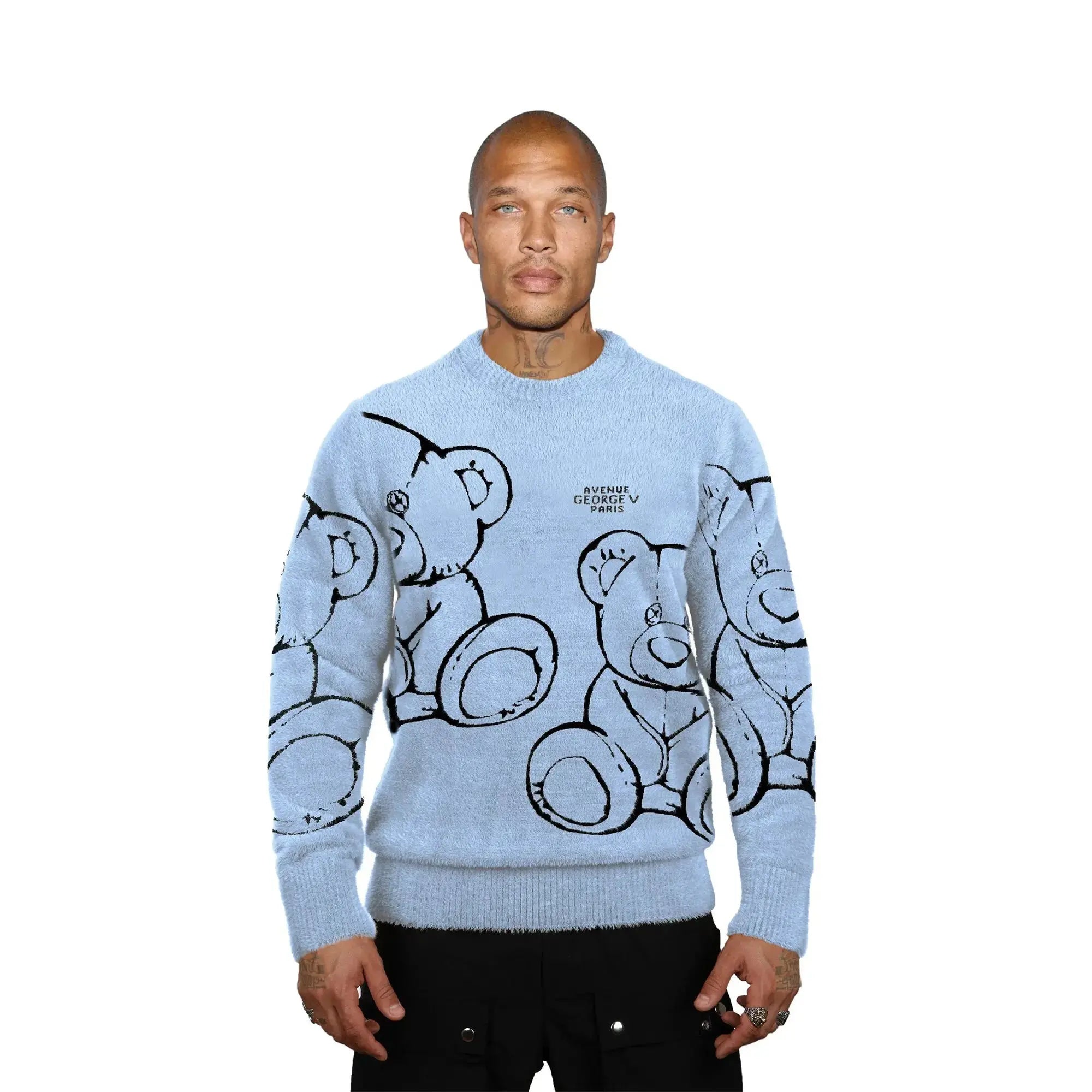 George V Men Crewneck Cotton Knit Sweater with Teddy Bear (Blue)-Sax Blue-Large-Nexus Clothing