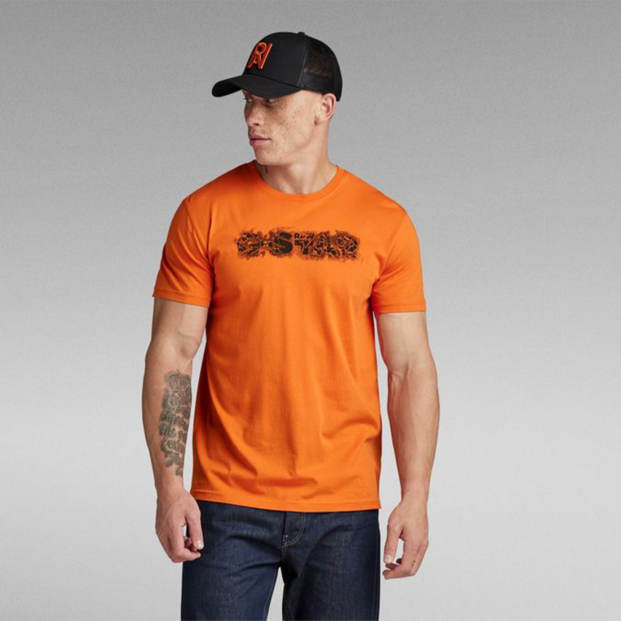 Gstar Raw Men Distress Logo T-Shirt (Orange)-Nexus Clothing