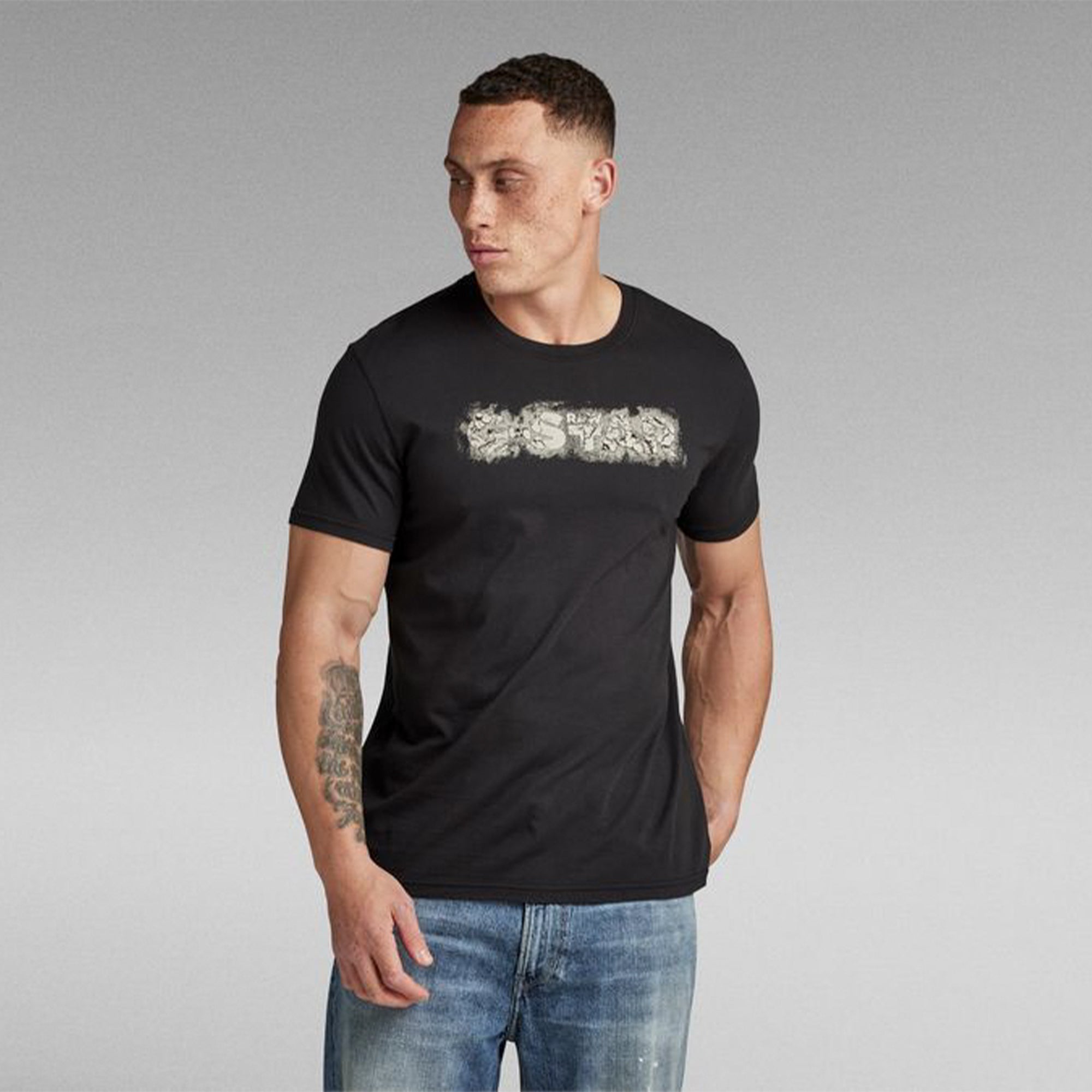 Gstar Raw Men Distressed Logo Tee (Black)-Nexus Clothing