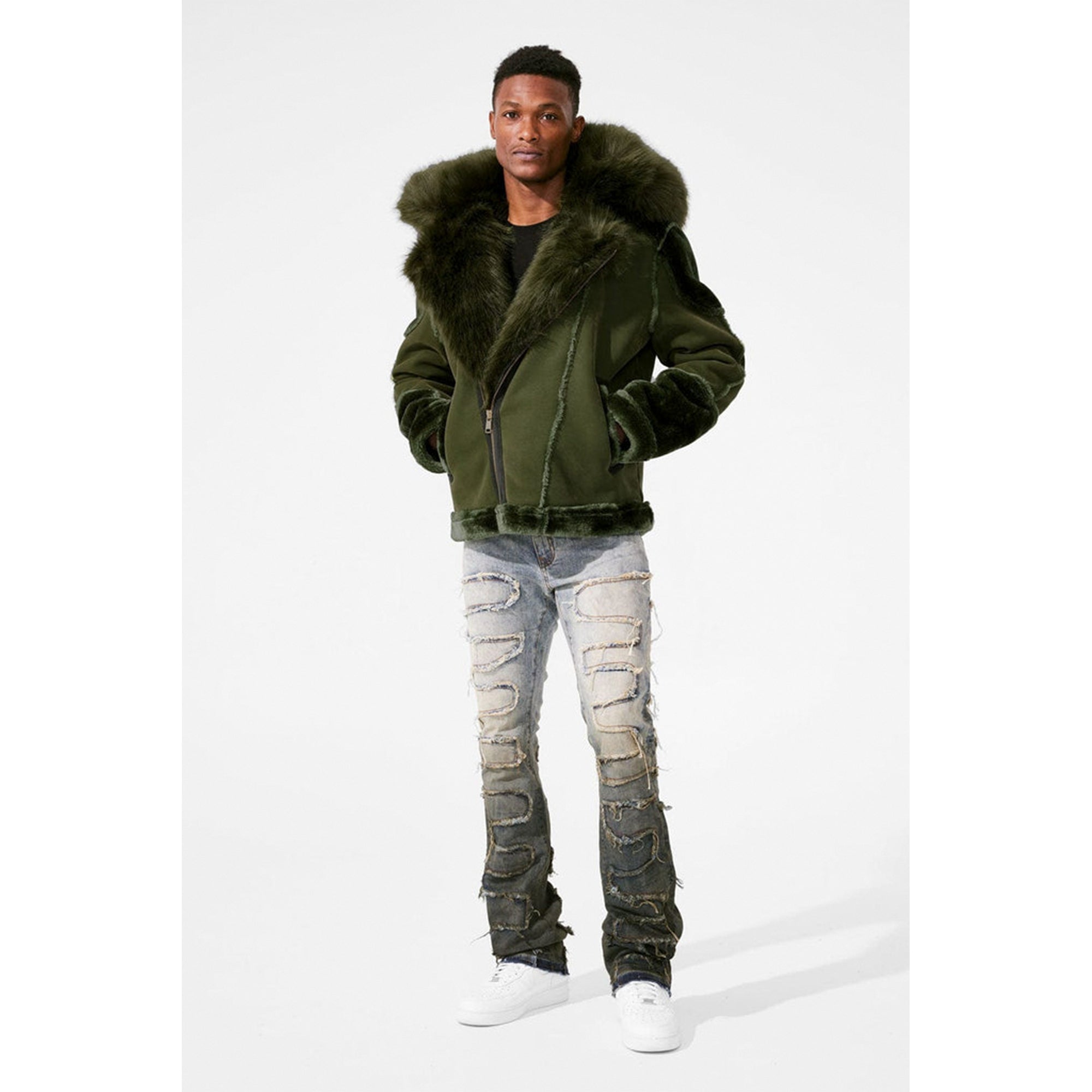 Jordan Craig Men El Jefe Shearling Moto Jackets (Military Green)-Nexus Clothing