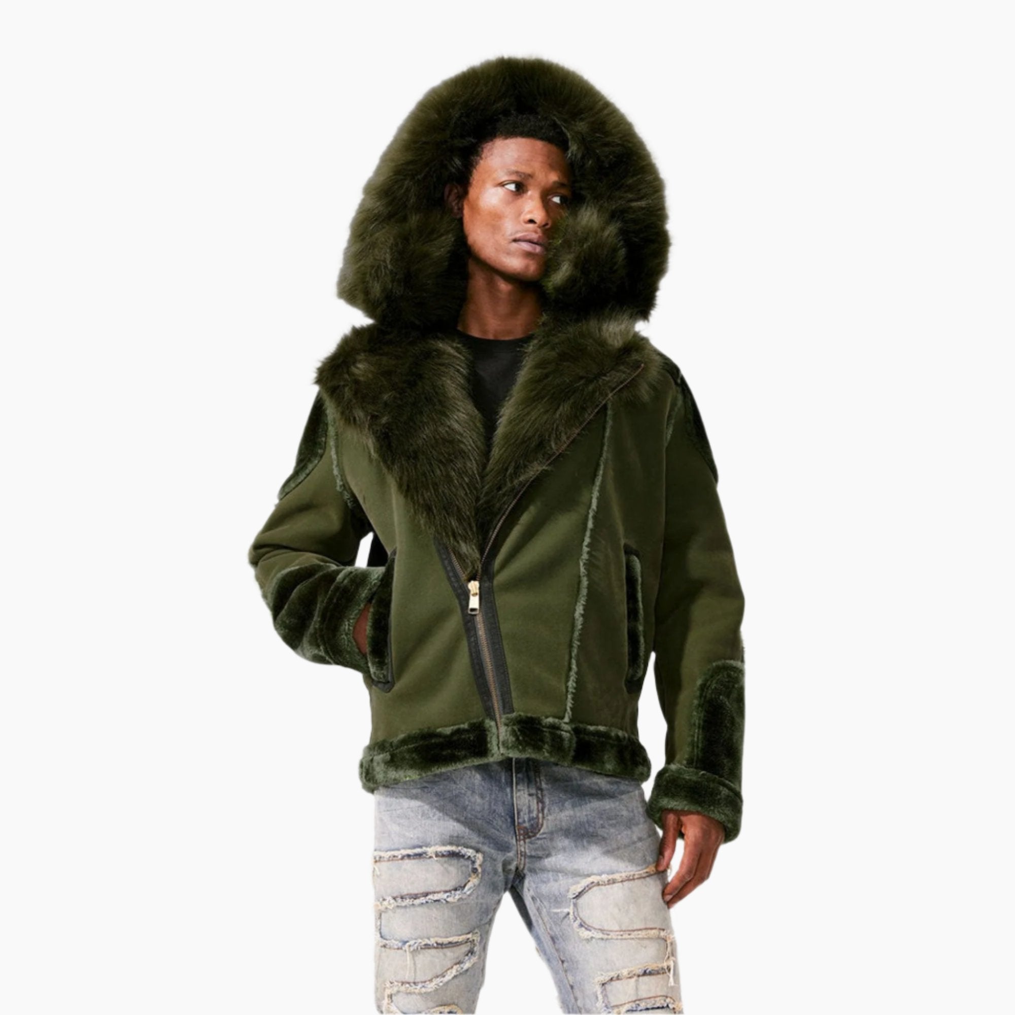 Jordan Craig Men El Jefe Shearling Moto Jackets (Military Green)-Military Green-Small-Nexus Clothing