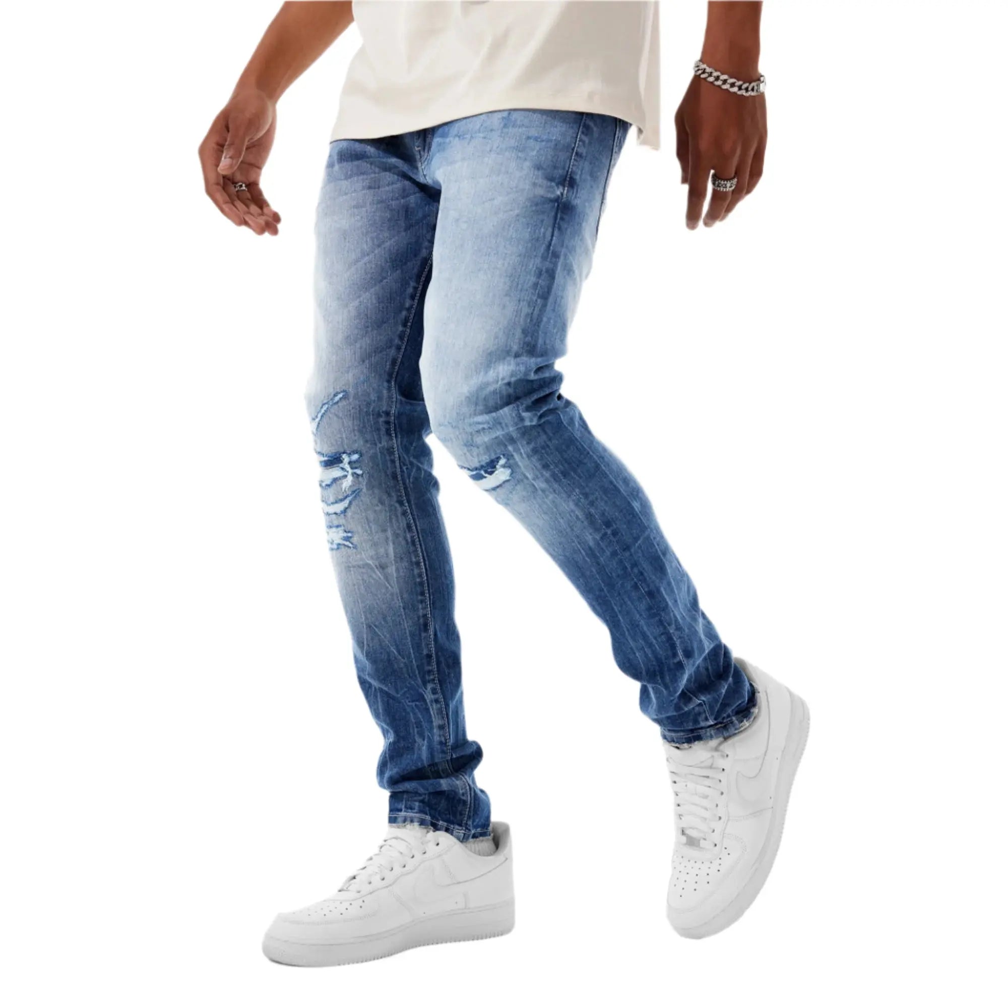 Jordan Craig Men Sean Knee Shreds Jeans (Medium Blue)-Medium Blue-32W X 32L-Nexus Clothing