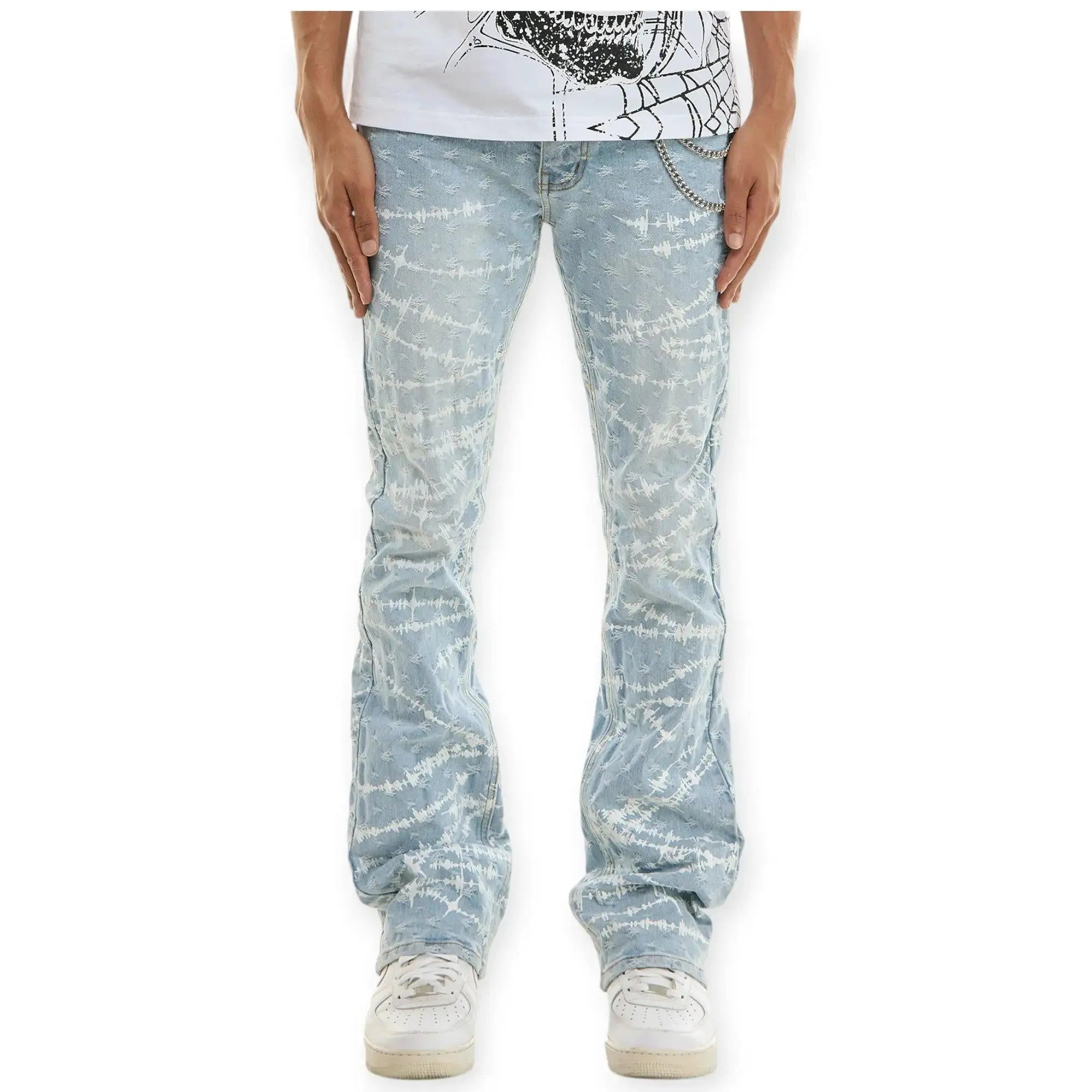 KDNK Men Skinny Flare Jeans Barbed Wire Print With Chain (Blue)