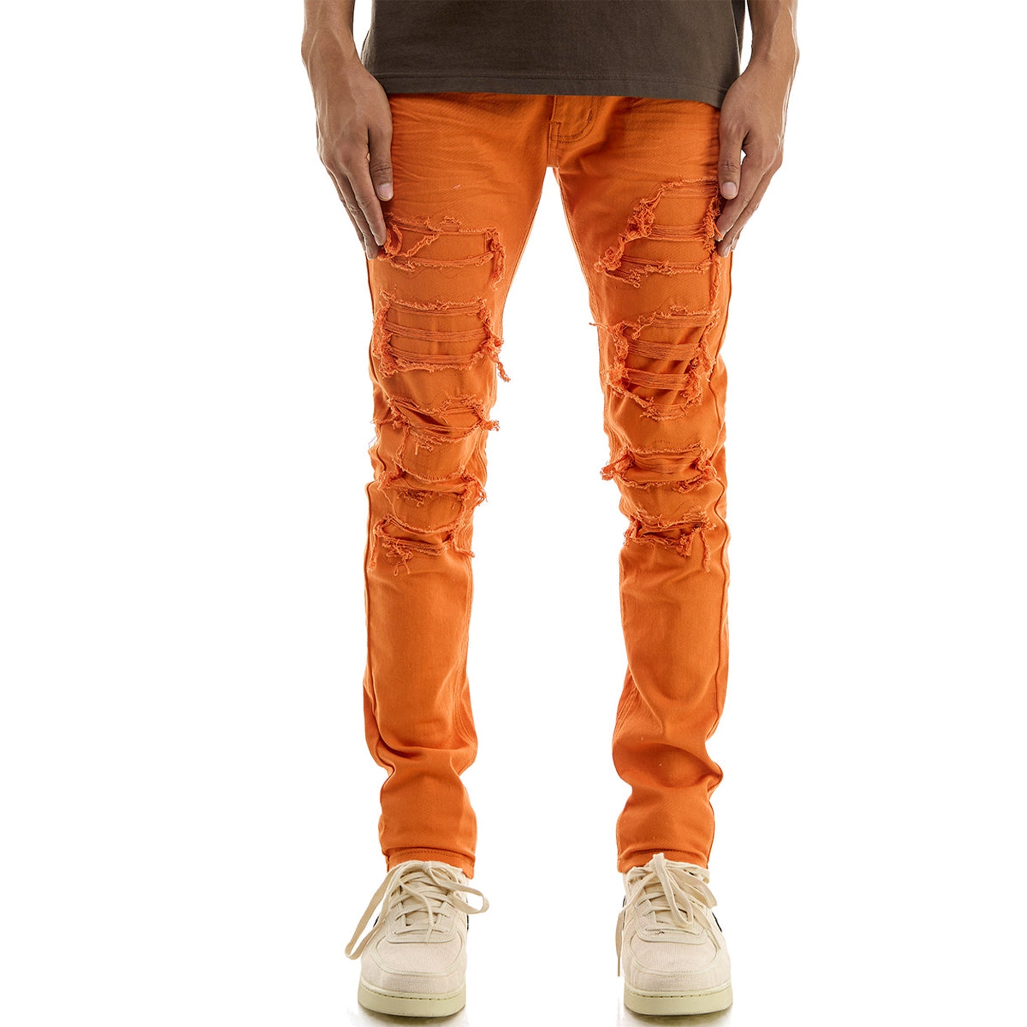 KDNK Men Patched Distress Jeans (Orange)-Orange-32W X 32L-Nexus Clothing