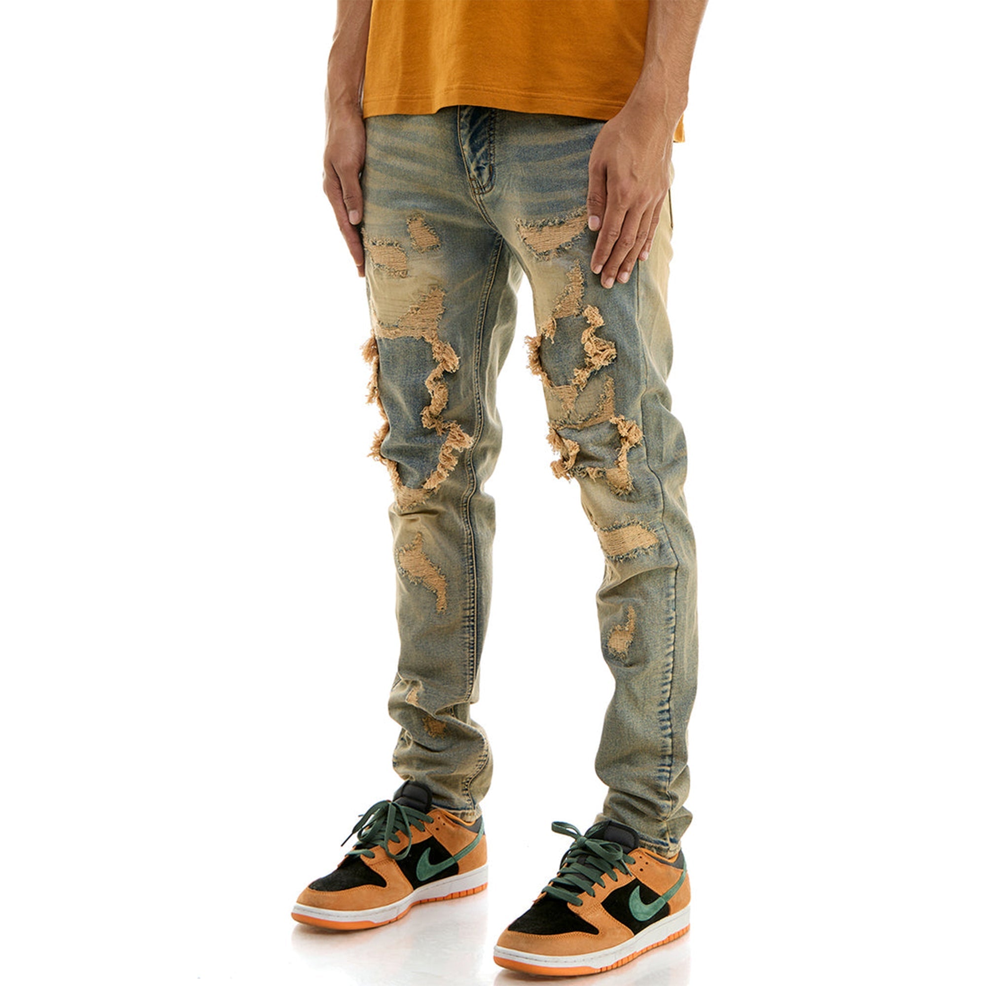 KDNK Men Rip and Repair V5 Skinny Jeans (Blue)-Nexus Clothing