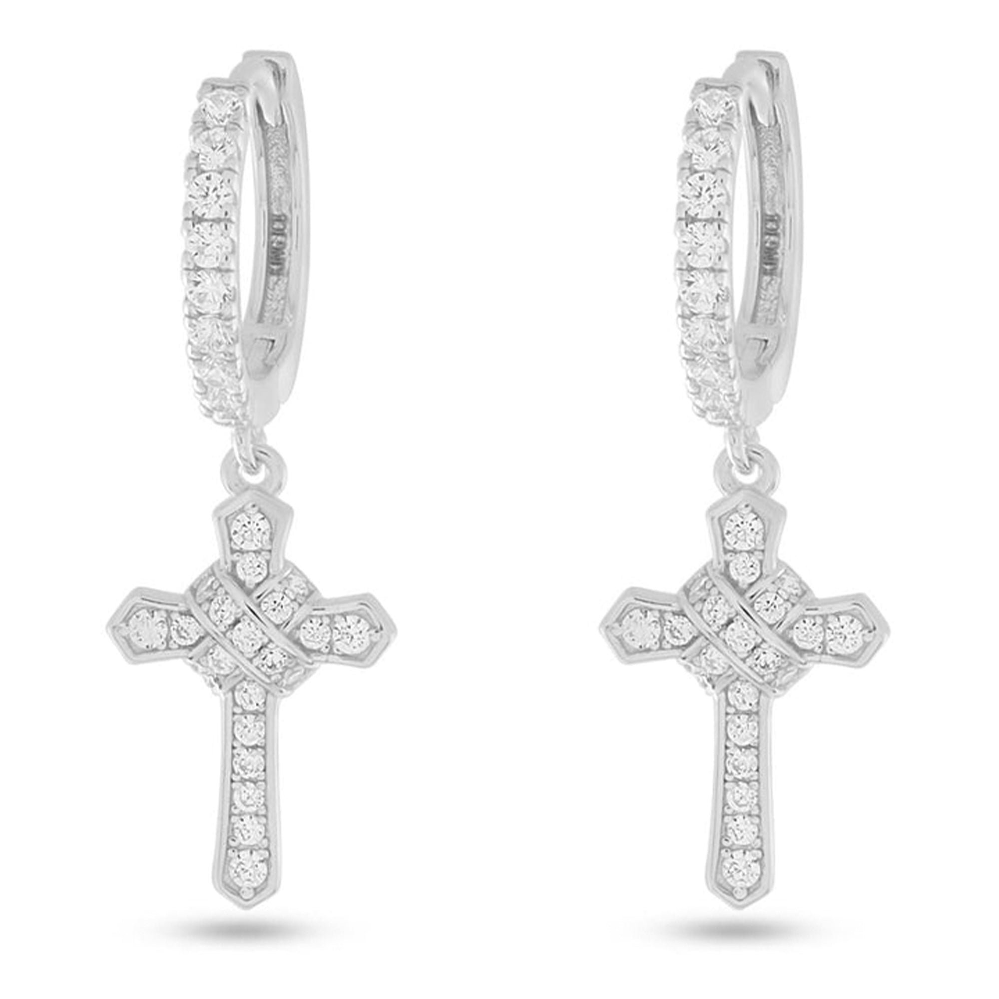 King Ice Men Iced Wrapped Cross Earrings(White Gold)-White Gold-OneSize-Nexus Clothing