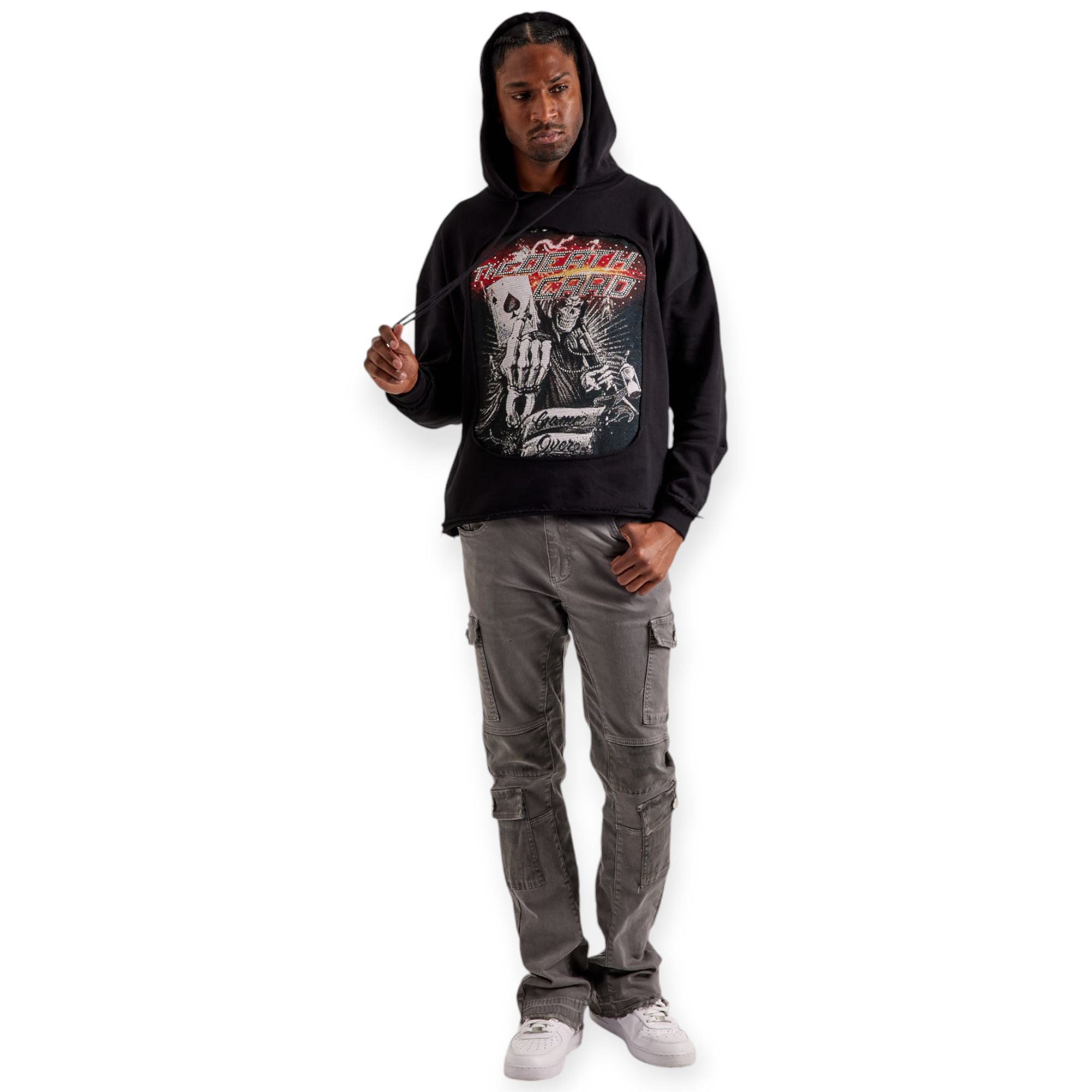 Majestik Men Death Card Rhinestone Tapestry Cut & Sew Hoodie(Black)-Nexus Clothing