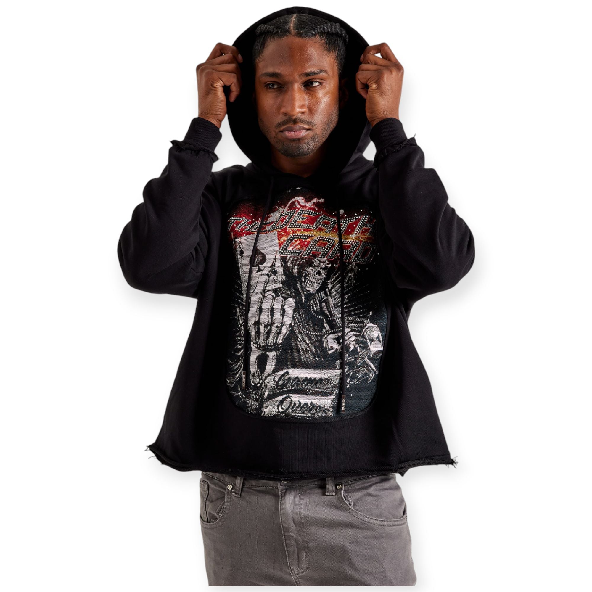 Majestik Men Death Card Rhinestone Tapestry Cut & Sew Hoodie(Black)-Black-Small-Nexus Clothing