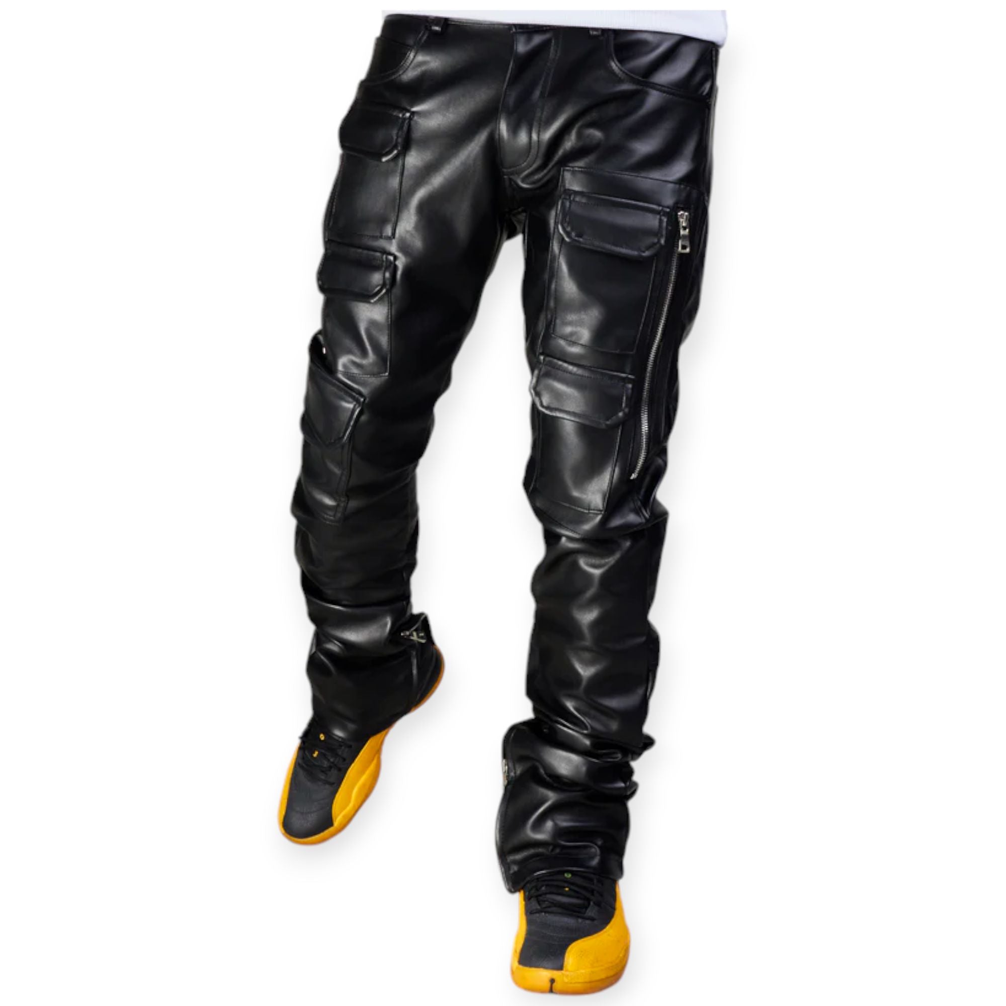 NME Men NYC Jeans Monty PU Leather Stacked Cargo (Black)-Nexus Clothing