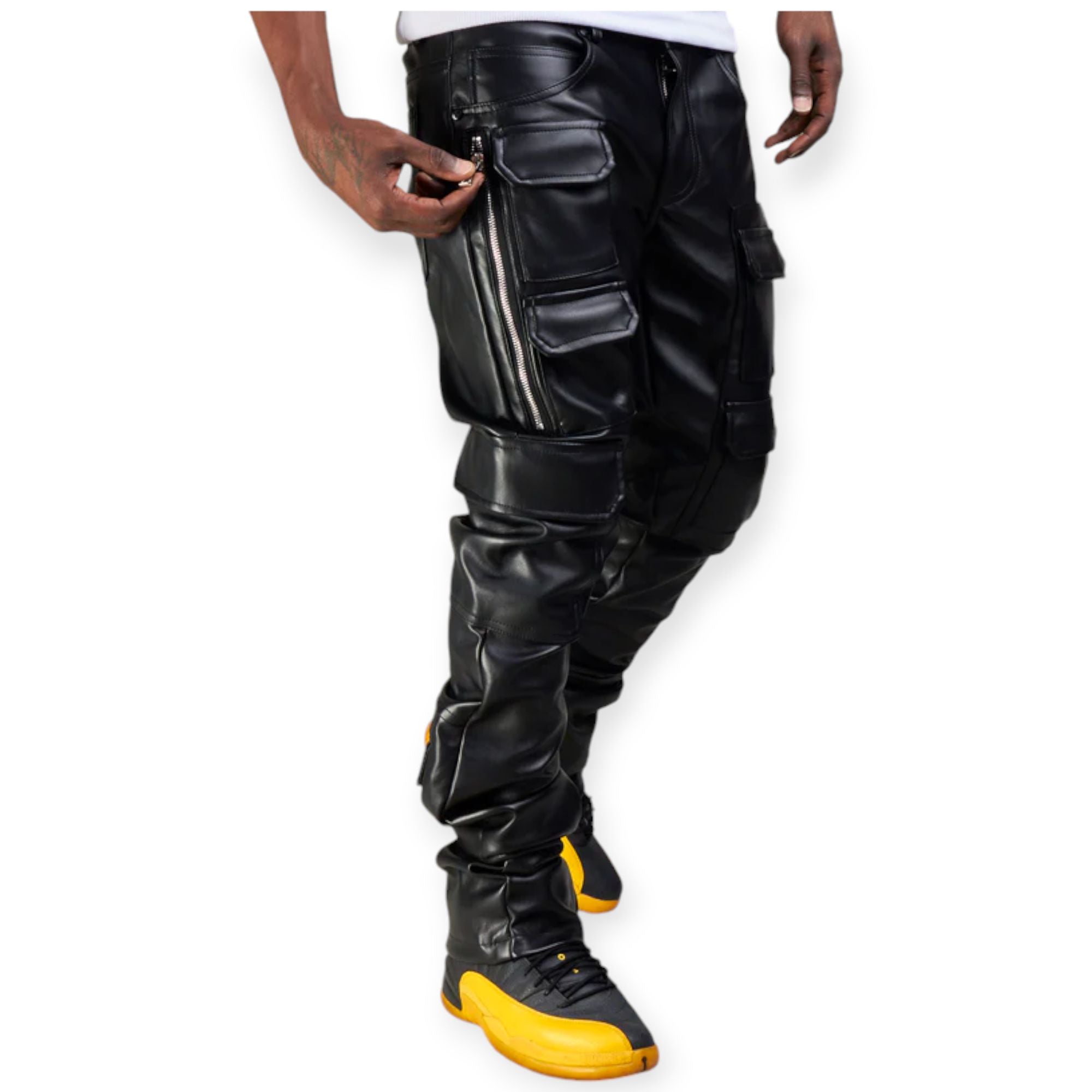 NME Men NYC Jeans Monty PU Leather Stacked Cargo (Black)-Nexus Clothing