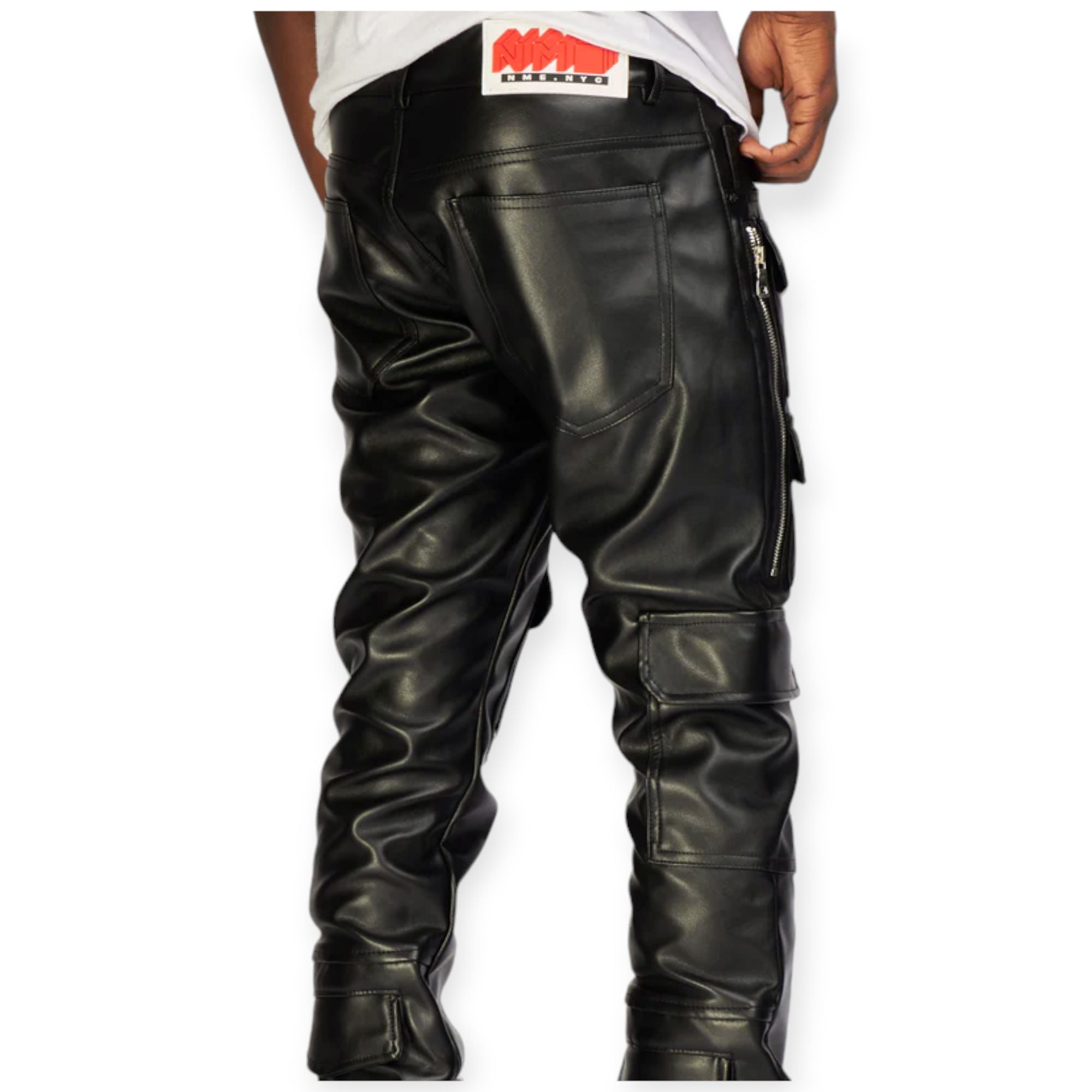 NME Men NYC Jeans Monty PU Leather Stacked Cargo (Black)-Nexus Clothing