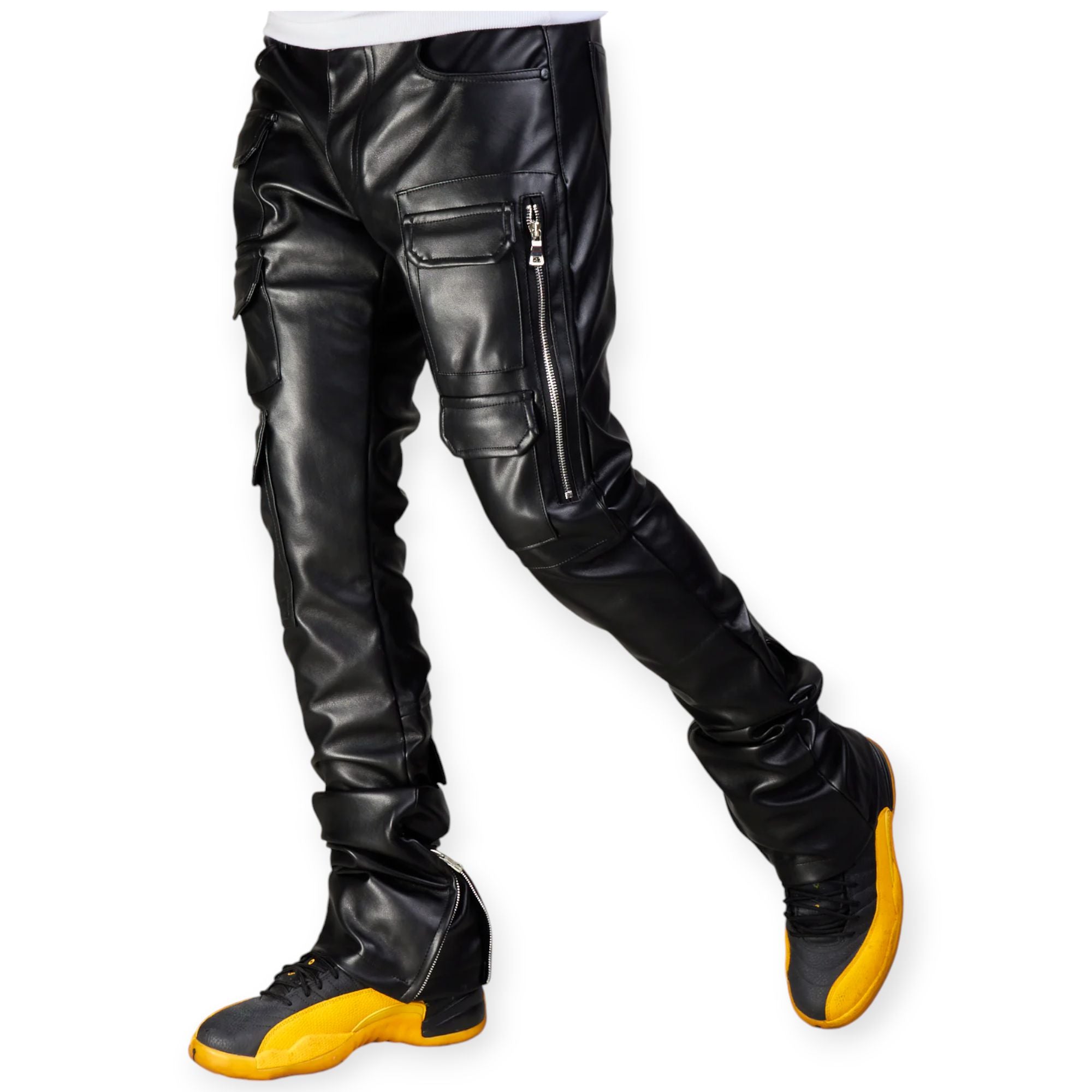 NME Men NYC Jeans Monty PU Leather Stacked Cargo (Black)-Black-32W x 36L-Nexus Clothing