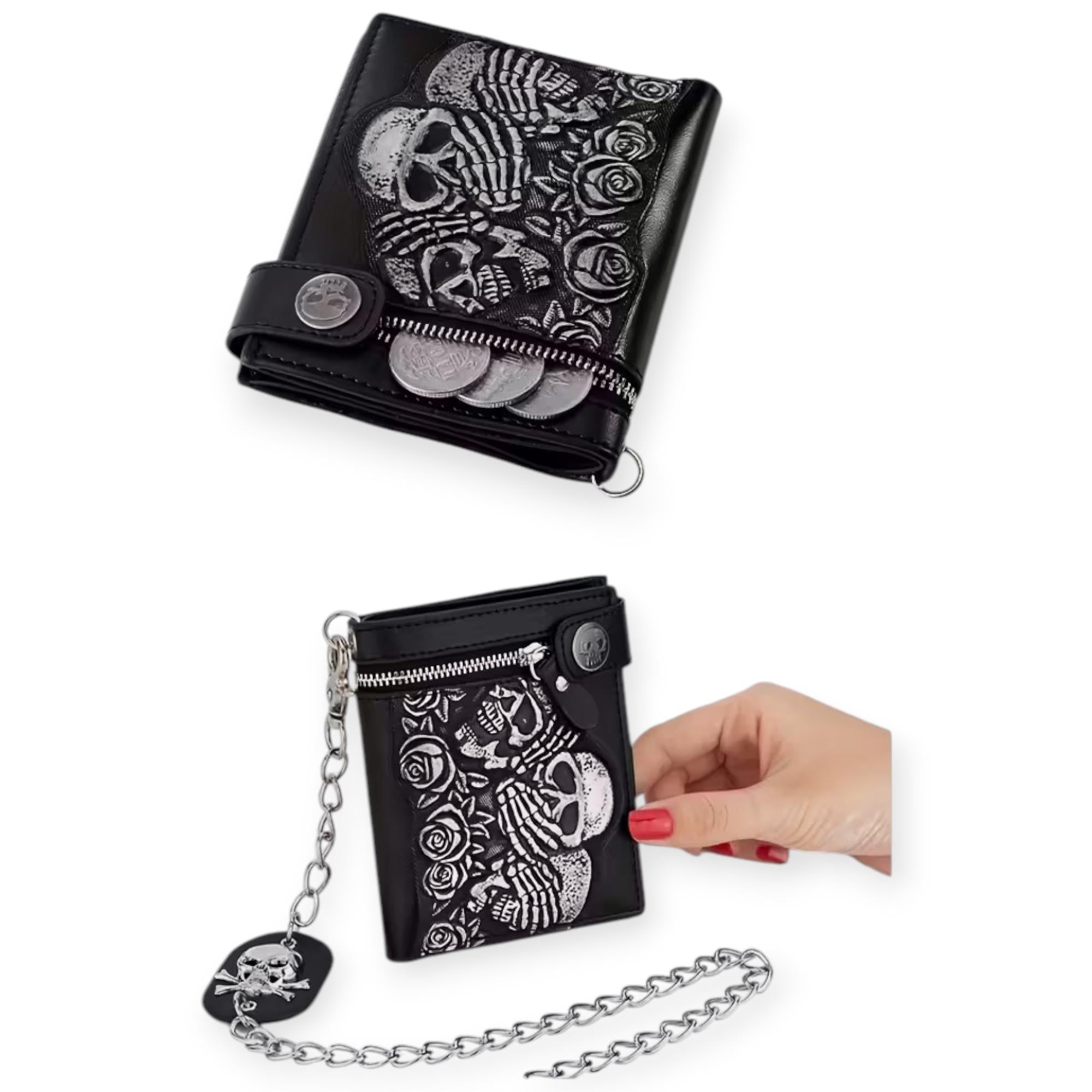 Nexus Clothing Wallet with Chain Men Black Rose Skull Faux Leather
