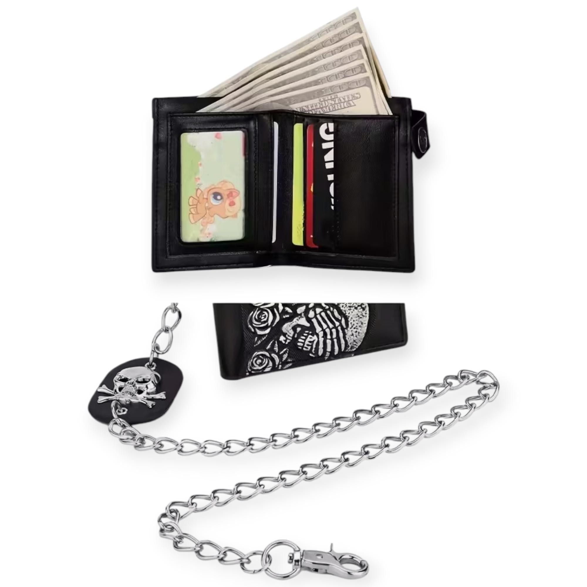 Nexus Clothing Wallet with Chain Men Black Rose Skull Faux Leather