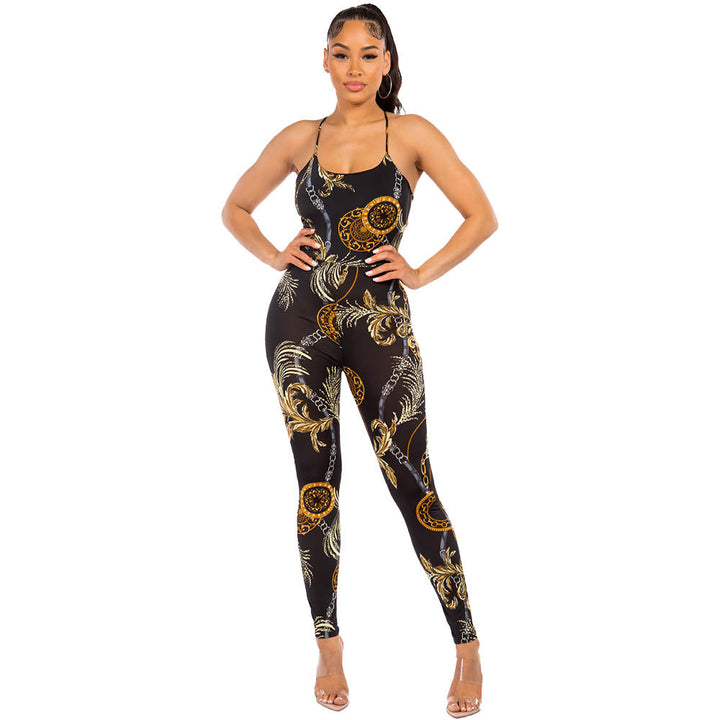 Nexus Clothing Women Chain Print Back Cross Tie Back Jumpsuit (Black Grey)-Black Grey-Small-Nexus Clothing