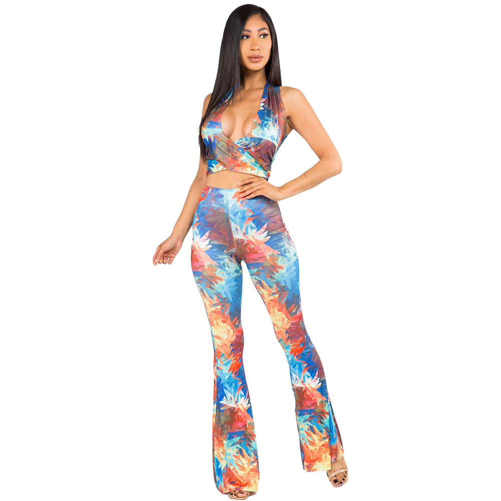 Nexus Clothing Women Deep V Crop Top And Bell Bottoms Set (Multicolor)-MULTI-Small-Nexus Clothing