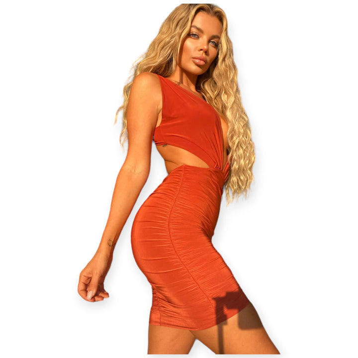 Nexus Clothing Women Halter Backless Ruched V Neck Mini Dress (Rust)-Nexus Clothing