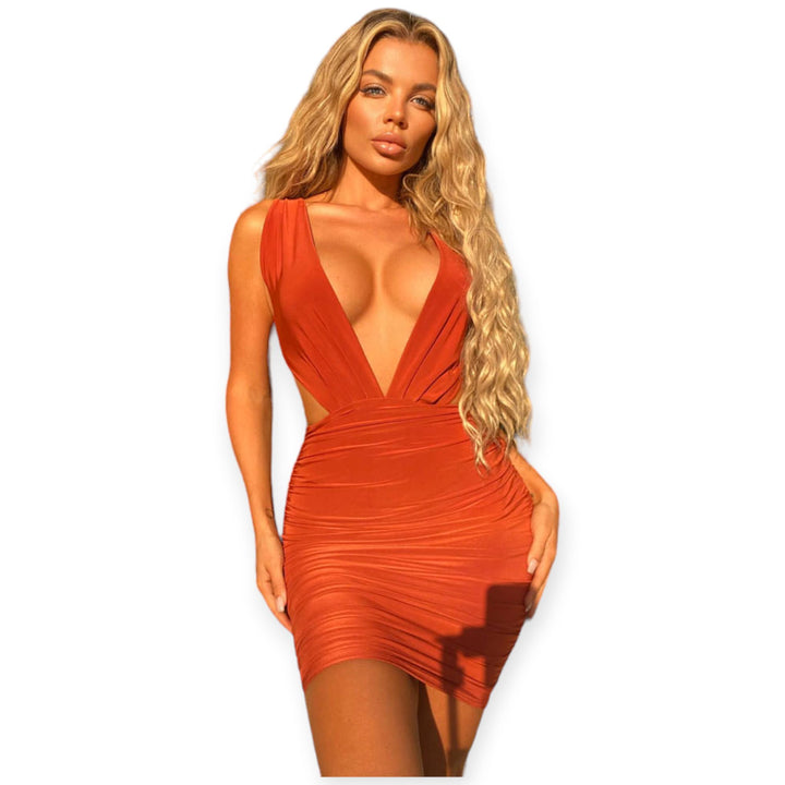 Nexus Clothing Women Halter Backless Ruched V Neck Mini Dress (Rust)-Rust-Small-Nexus Clothing