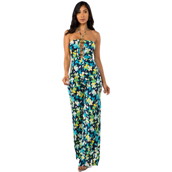 Nexus Clothing Women Print Ring Key Hole Wide Leg Jumpsuit (Green)-Nexus Clothing