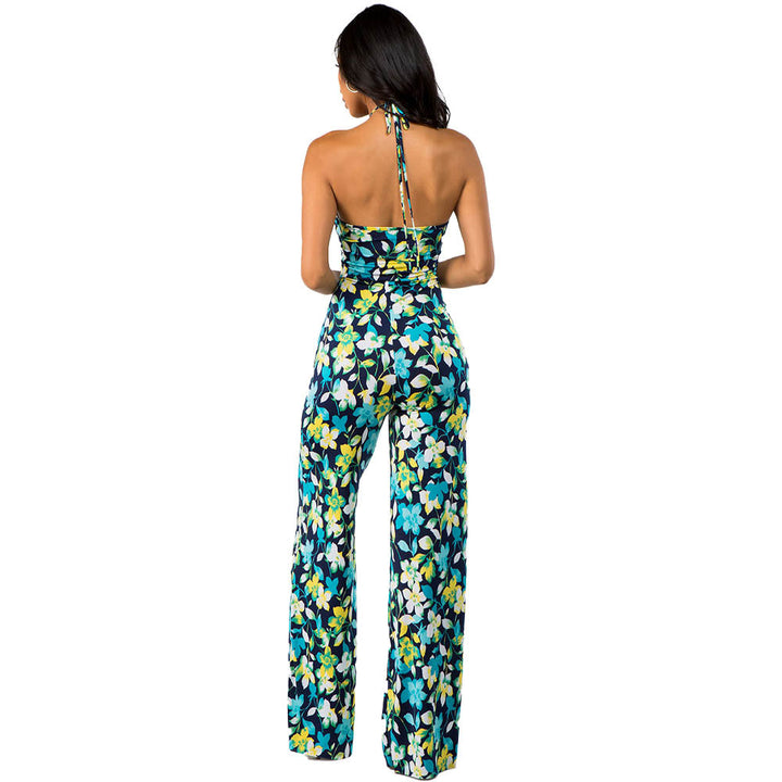 Nexus Clothing Women Print Ring Key Hole Wide Leg Jumpsuit (Green)-Nexus Clothing