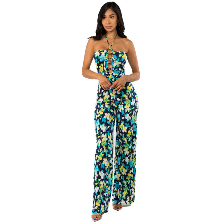 Nexus Clothing Women Print Ring Key Hole Wide Leg Jumpsuit (Green)-Green-Small-Nexus Clothing