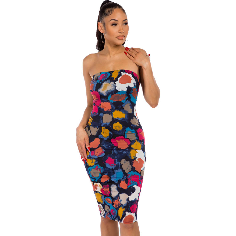 Nexus Clothing Dress Women Tube Print Double Layer Midi (Navy)